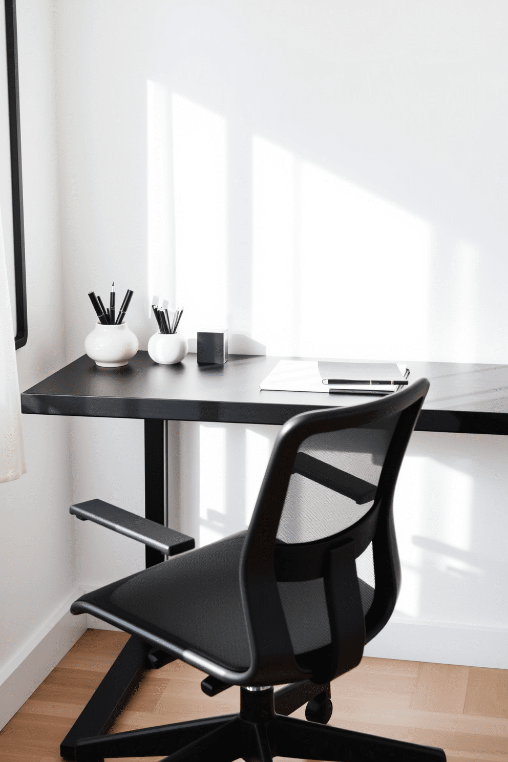 A sleek black desk sits against a white wall, adorned with minimalist desk accessories in monochrome. A simple white ceramic pen holder and a black leather notebook are neatly arranged, creating a clean and organized workspace. The home office features a light wood desk paired with a comfortable ergonomic chair. Soft natural light filters through sheer curtains, illuminating the space and highlighting the minimalist decor that promotes focus and creativity.