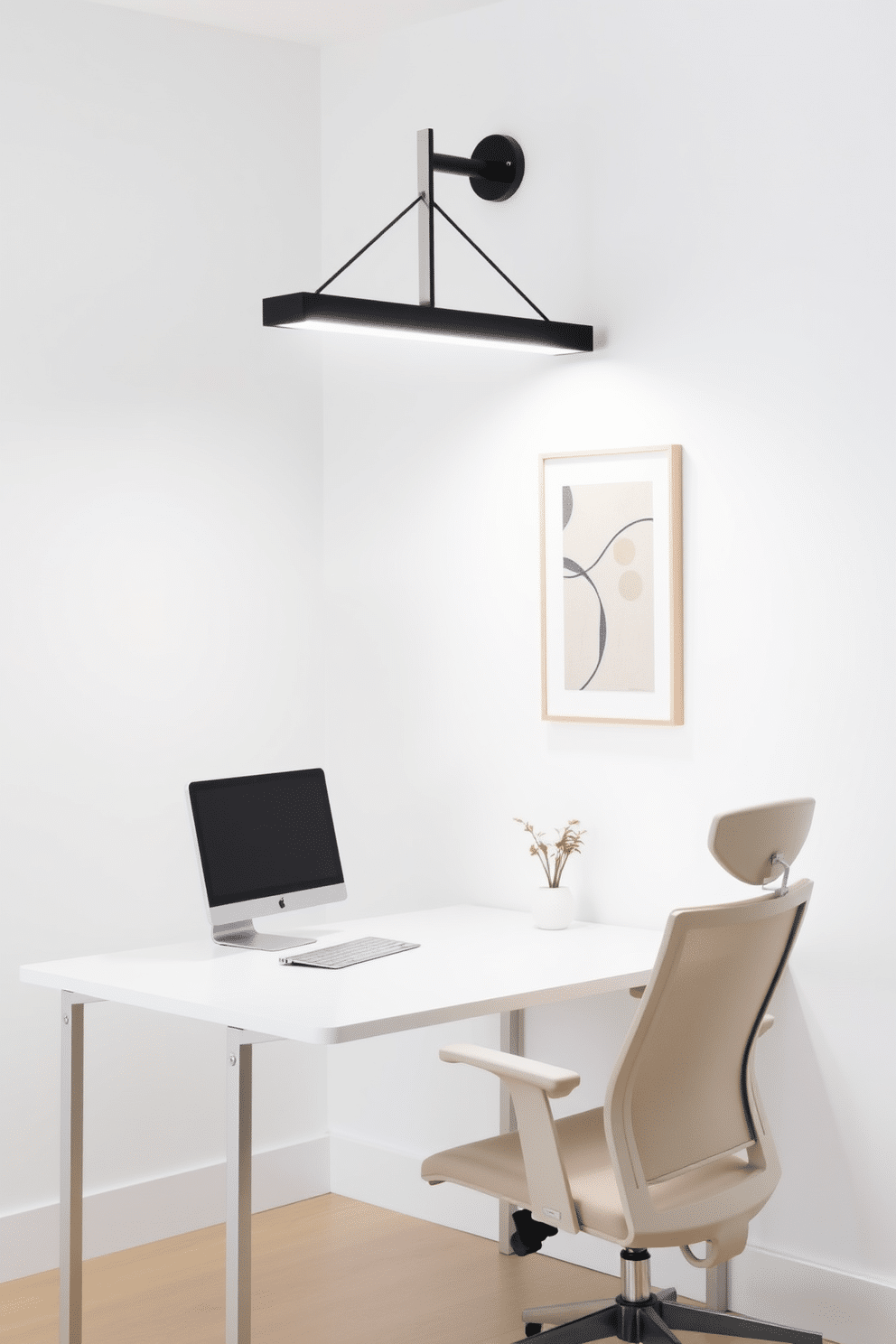 A minimalist home office features a sleek, wall-mounted lighting fixture that provides ample illumination without cluttering the space. The desk is a simple, modern design with clean lines, complemented by a comfortable ergonomic chair in a neutral color palette. The walls are painted in a soft white, creating a bright and airy atmosphere, while a single piece of abstract art adds a touch of personality. A small potted plant sits on the desk, bringing a hint of nature into the minimalist setting.