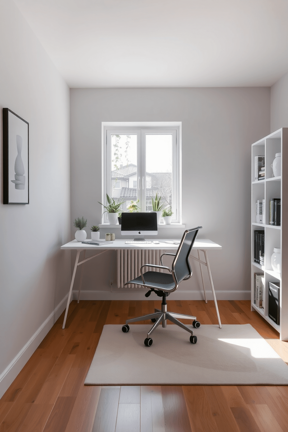 A minimalist home office featuring a sleek, white desk with a simple metal frame and a comfortable ergonomic chair. Natural light floods the space through a large window, illuminating a small indoor garden with potted plants on the windowsill and a few hanging plants above. The walls are painted in a soft gray, creating a calming atmosphere, while a minimalist bookshelf holds a curated selection of books and decorative items. A neutral area rug adds warmth to the wooden floor, and a subtle piece of abstract art hangs above the desk, enhancing the serene design.