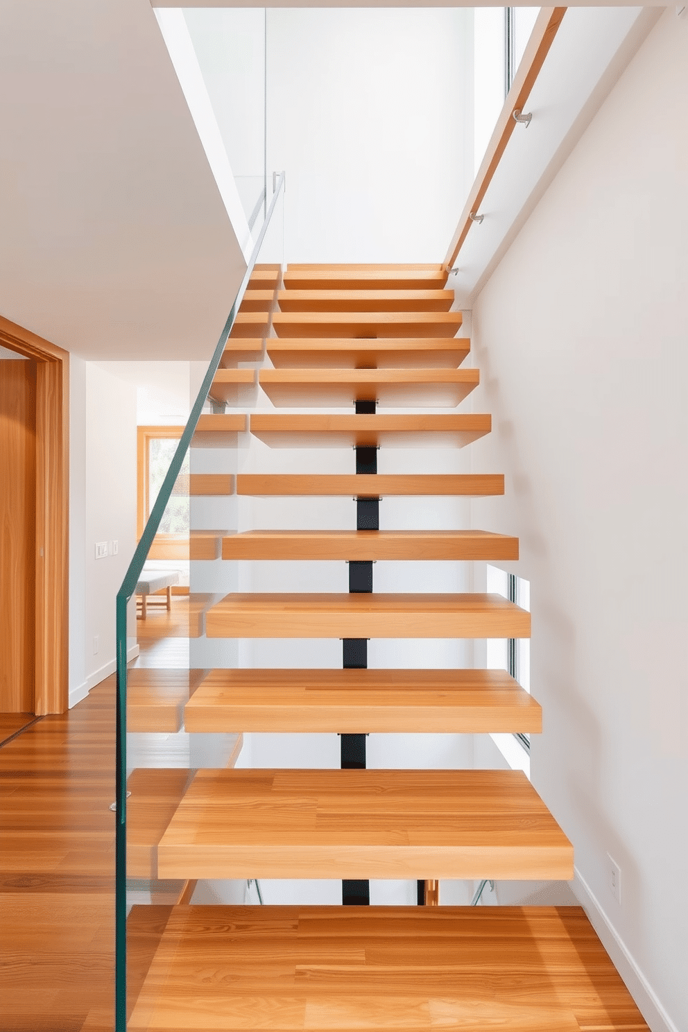 Floating wooden steps with a sleek glass railing create a stunning visual impact in a modern home. The warm tones of the wood contrast beautifully with the transparency of the glass, allowing natural light to flow through the space. This minimalist staircase design features clean lines and an open concept, enhancing the feeling of spaciousness. The steps appear to hover, drawing the eye upward and creating an elegant focal point in the interior.