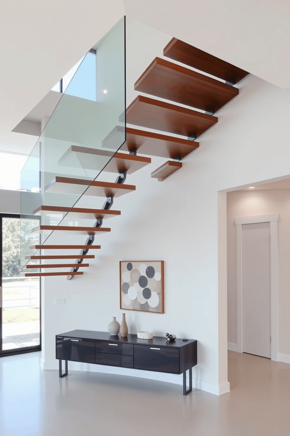 A striking cantilevered staircase floats elegantly in a spacious entryway, featuring sleek wooden treads that appear to defy gravity. The minimalist design is enhanced by a glass railing, allowing natural light to flood the space and create an airy ambiance. The staircase is illuminated by recessed lighting that highlights its clean lines and contemporary aesthetic. Below, a simple yet stylish console table complements the staircase, adorned with a few carefully chosen decorative items for a cohesive look.