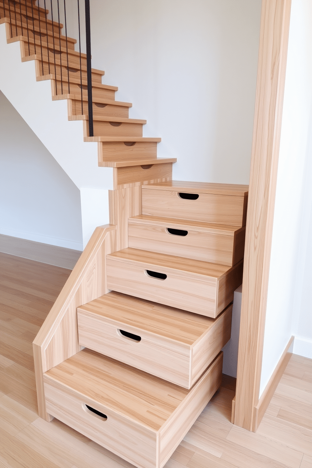 A sleek staircase design featuring wooden steps that incorporate built-in storage drawers beneath each step. The overall aesthetic is minimalist, with clean lines and a neutral color palette, allowing the natural wood grain to be the focal point.