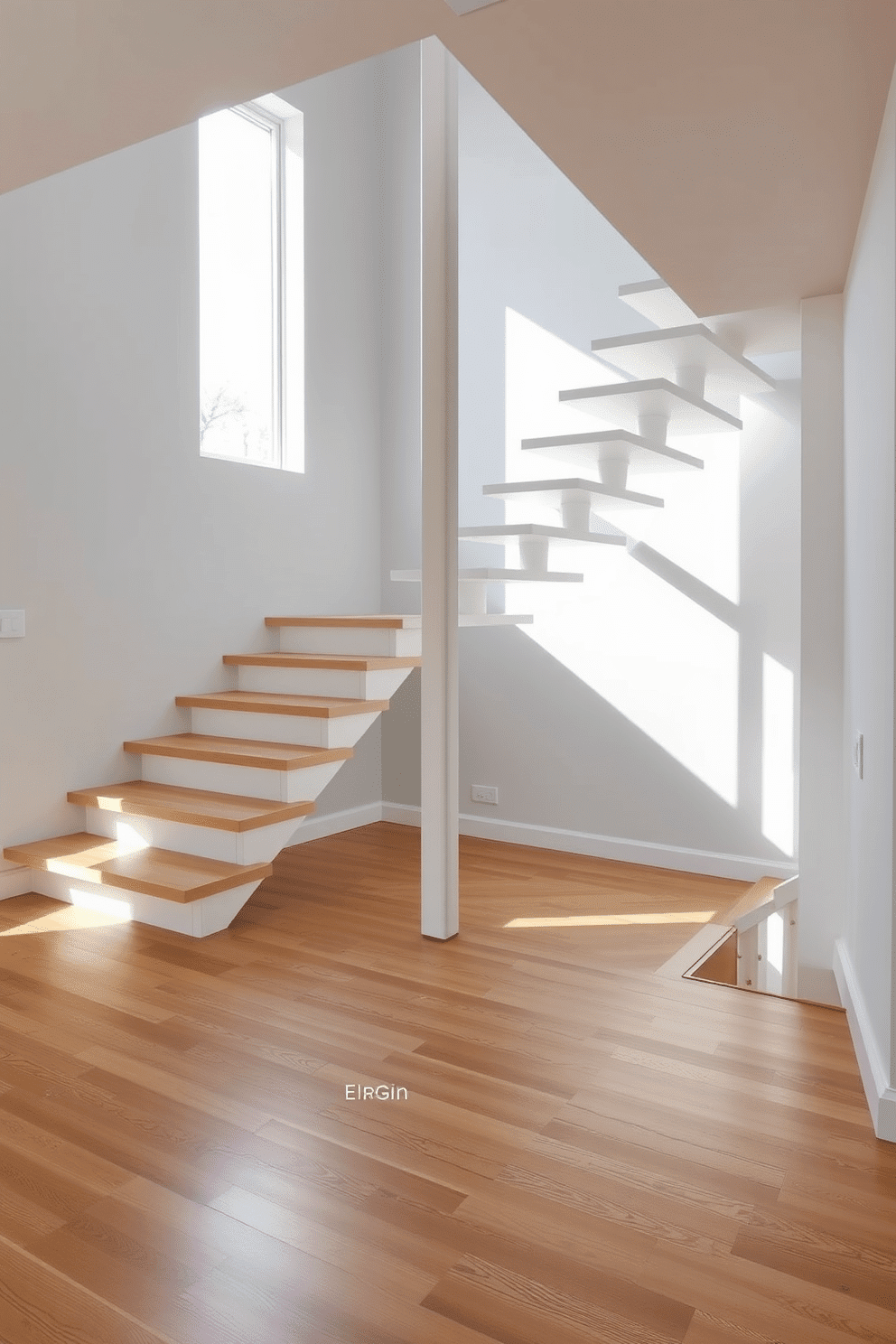 A simple staircase with a single central support features sleek, white steps that appear to float above a polished wooden floor. The central support is a slender, unobtrusive column, elegantly contrasting with the airy design of the staircase. Natural light floods the space from a large window nearby, casting soft shadows on the staircase. The surrounding walls are painted in a soft gray, enhancing the minimalist aesthetic and creating a serene atmosphere.