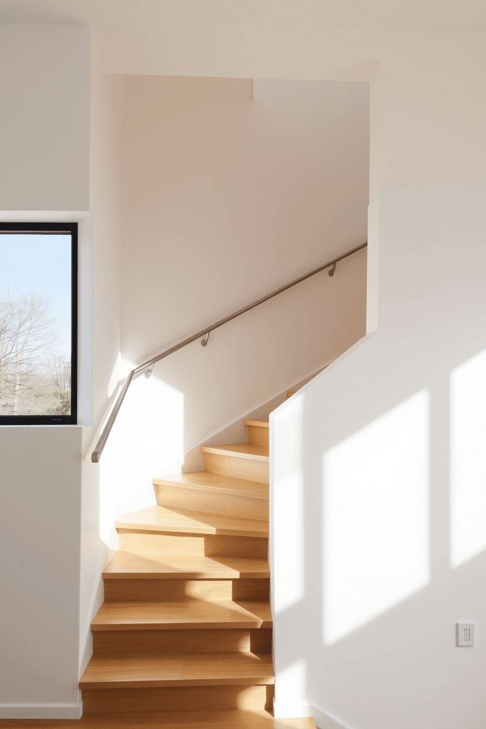 A sleek, minimalist staircase features a continuous handrail that gracefully flows from the top to the bottom. The steps are made of light oak wood, complemented by a simple, white wall that enhances the airy feel of the space. Natural light floods the area through a large, adjacent window, casting soft shadows on the staircase. The handrail is crafted from brushed stainless steel, adding a modern touch to the overall design.