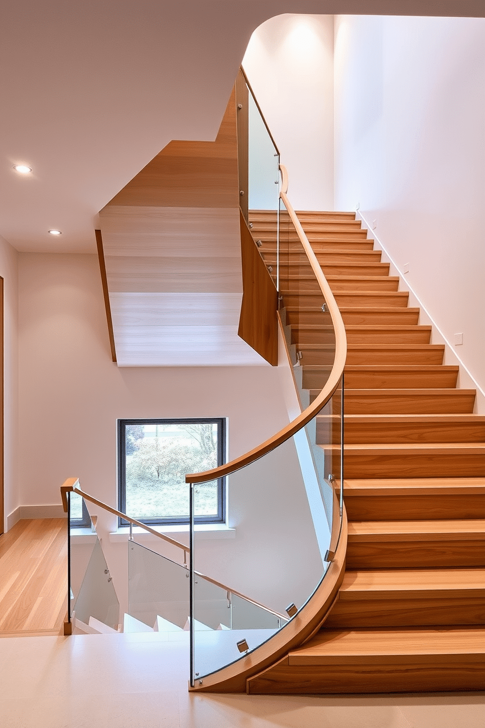 Asymmetrical staircase with unique shapes. The staircase features a blend of angular steps and sweeping curves, crafted from a combination of light wood and glass for an airy feel. The railing is a sleek, minimalist design that complements the overall aesthetic. Soft, recessed lighting highlights the staircase's contours, creating a striking focal point in the entryway.