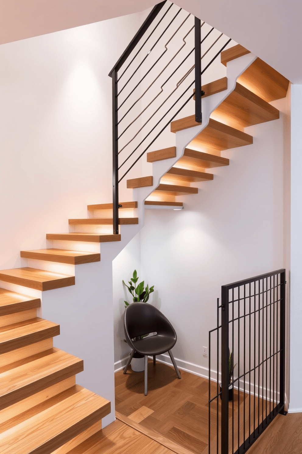 A striking staircase design that combines wood and metal elements, featuring sleek wooden treads and a minimalist metal railing. The walls are painted in a crisp white, highlighting the natural grain of the wood and the industrial feel of the metal. The staircase is illuminated by recessed lighting that casts a warm glow, creating an inviting atmosphere. Below the stairs, a small nook is styled with a modern chair and a potted plant, adding a touch of greenery to the space.