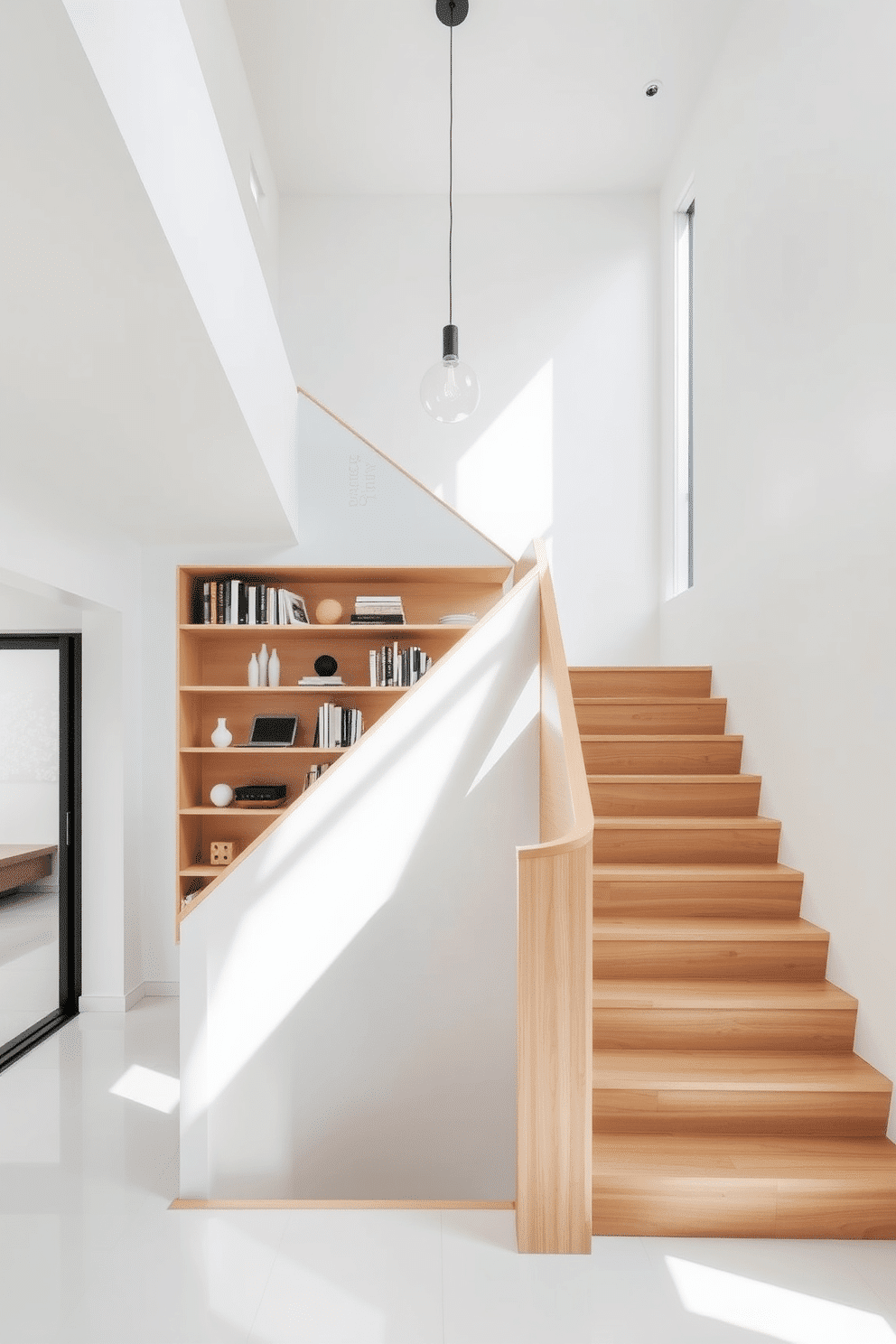 A minimalist staircase features sleek, straight lines with a light wood finish that complements the open space. Integrated shelving runs alongside the staircase, displaying a curated selection of books and decorative objects, enhancing the modern aesthetic. The walls are painted in a crisp white, allowing natural light to flood the area and accentuating the simplicity of the design. A single pendant light hangs above the staircase, providing a warm glow that highlights the elegant materials and clean design.