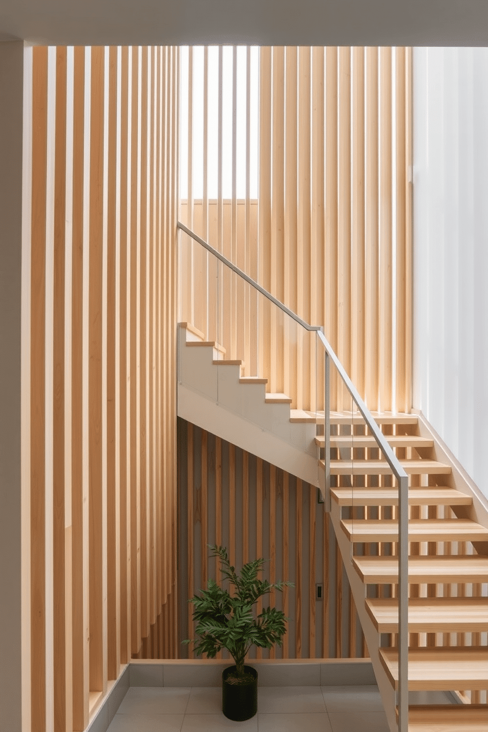 A modern staircase design featuring a vertical slat wall that creates a striking visual contrast with the open steps. The slats are made of light wood, allowing natural light to filter through, enhancing the airy feel of the space. The staircase is accentuated by a sleek, minimalist railing that complements the overall aesthetic. Below, a small potted plant adds a touch of greenery, softening the sharp lines of the design.