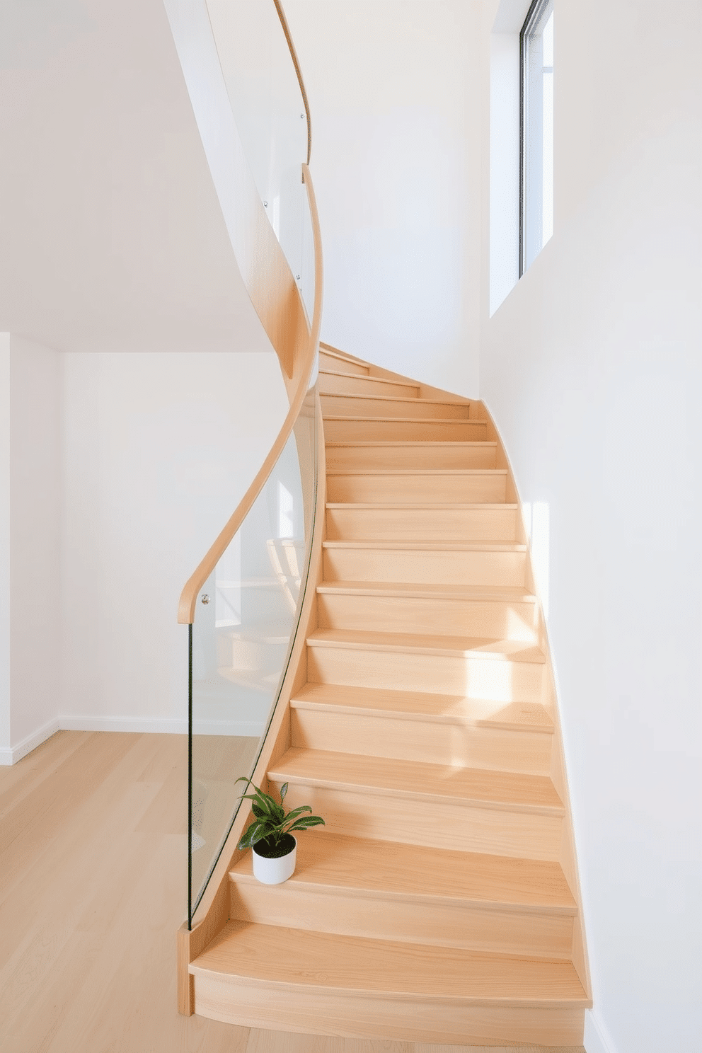 A light wood staircase with soft edges gracefully curves upwards, creating a seamless flow between the levels of the home. The steps are complemented by a sleek glass railing that enhances the airy feel of the space, allowing natural light to filter through. The surrounding walls are painted in a soft white, providing a clean backdrop that accentuates the warmth of the wood. A small potted plant sits at the base of the staircase, adding a touch of greenery and life to the minimalist design.