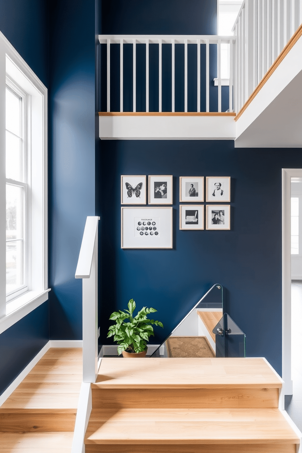 A sleek staircase features a painted accent wall in a bold navy blue, contrasting beautifully with the crisp white railings. The steps are made of light oak, and natural light floods the space from a large window, enhancing the minimalist aesthetic. The wall beside the staircase is adorned with a series of black and white photographs in simple frames, adding a touch of personality without overwhelming the design. A small potted plant sits at the base of the stairs, bringing a hint of greenery to the otherwise clean lines of the space.