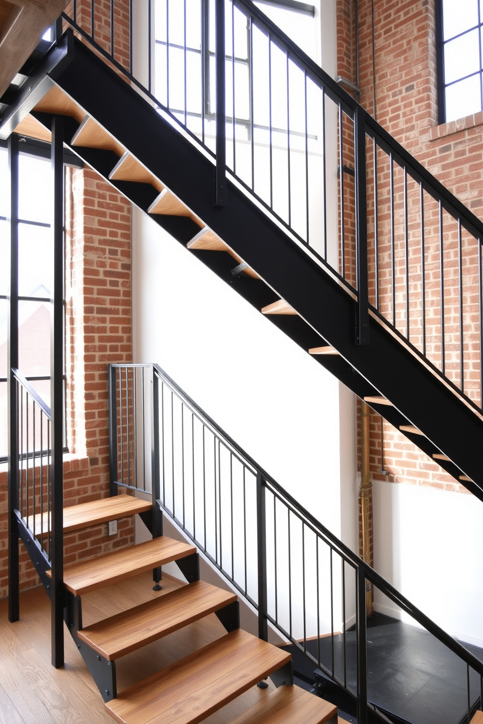 A simple metal staircase in an industrial style features sleek, straight lines and a combination of raw metal and wood elements. The staircase is set against a backdrop of exposed brick walls, with large windows allowing natural light to flood the space. The treads are made of reclaimed wood, adding warmth and contrast to the cold metal framework. A minimalist railing complements the design, ensuring safety while maintaining the open, airy feel of the environment.