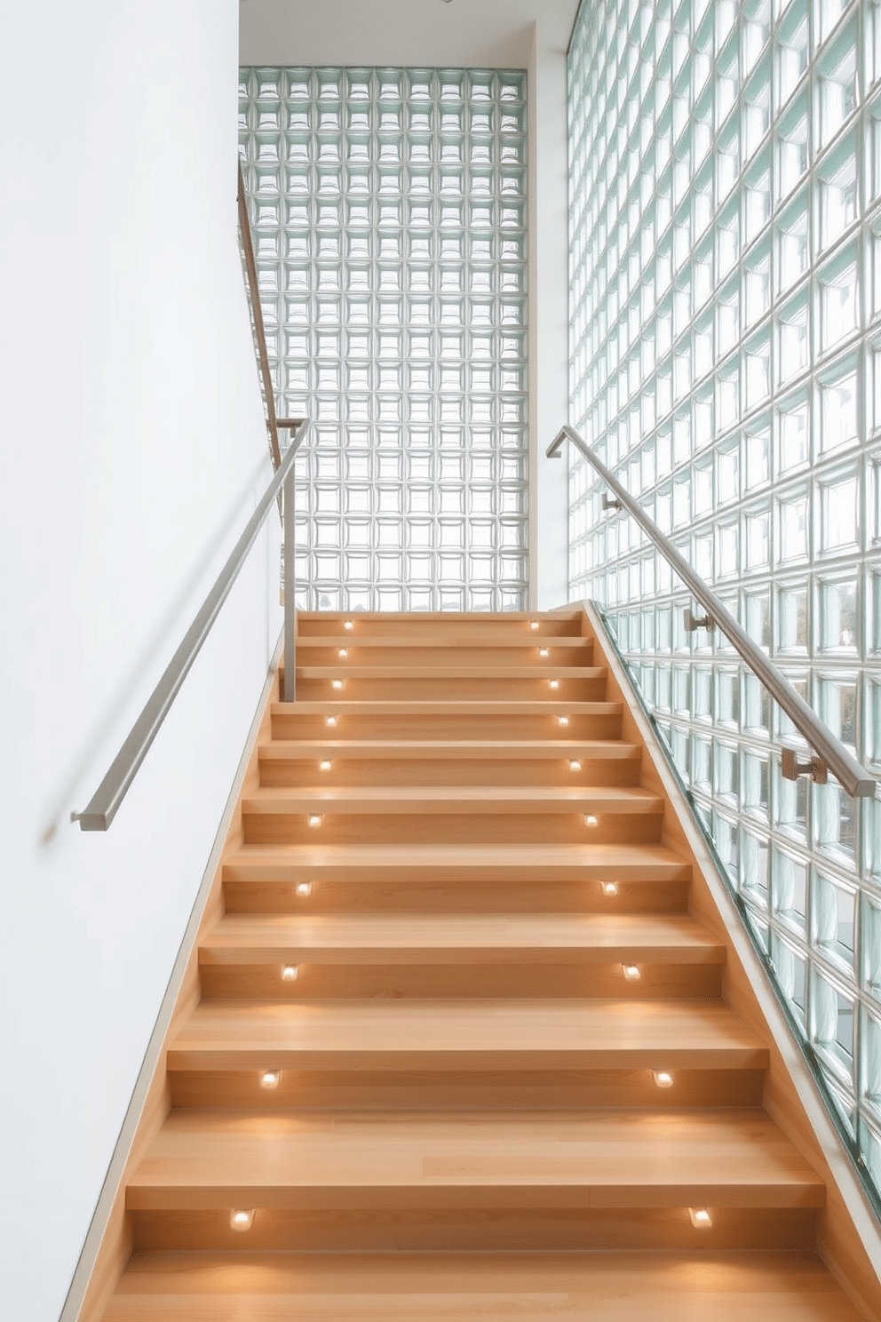 A minimalist staircase design features sleek, straight lines with a glass block wall that allows natural light to filter through, creating an open and airy feel. The staircase is made of light wood, complemented by a simple metal railing that enhances the modern aesthetic. The glass block wall serves as a stunning focal point, adding texture and visual interest while maintaining a sense of transparency. Soft, recessed lighting illuminates the steps, highlighting the clean lines and enhancing the minimalist approach.