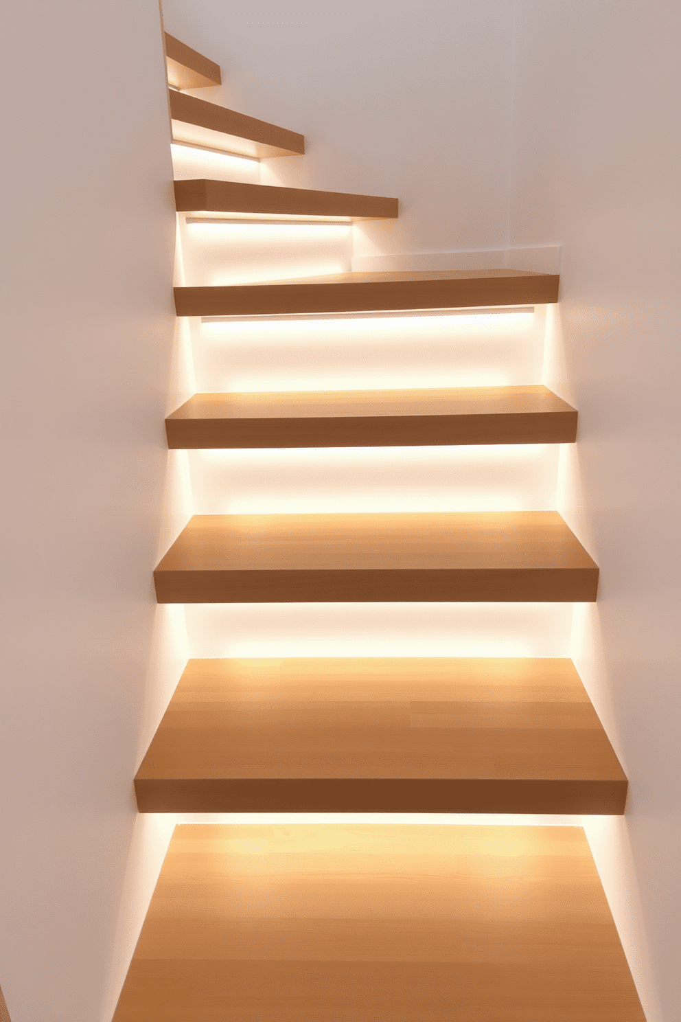 Floating steps with ambient lighting below. The staircase features sleek, cantilevered treads made of natural wood, creating a sense of openness and elegance. Soft, warm LED lights are integrated beneath each step, casting a gentle glow that enhances the modern aesthetic. The surrounding walls are painted in a crisp white, allowing the staircase to be the focal point of the space.