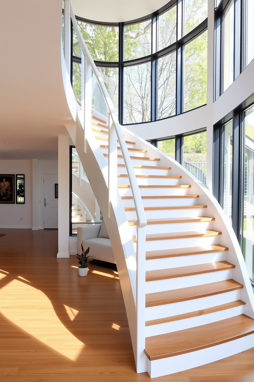 A sleek, curved staircase gracefully ascends with a smooth white finish, featuring a minimalist handrail that complements the overall design. The surrounding space is airy and open, with large windows allowing natural light to illuminate the elegant contours of the staircase. The treads are wide and made of polished wood, seamlessly blending into the modern aesthetic of the home. Below the staircase, a small, minimalist seating area invites relaxation, adorned with a single potted plant for a touch of greenery.