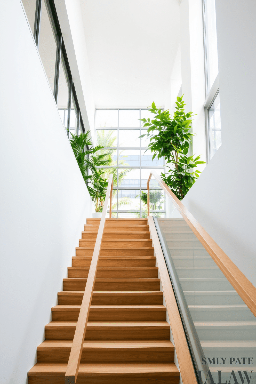 Stairs leading to a sunlit atrium. The staircase features sleek, open risers made of light wood, allowing natural light to filter through from the large glass windows above. The walls surrounding the staircase are painted in a soft white, creating a bright and airy atmosphere. Lush green plants are placed strategically along the staircase, enhancing the connection with nature.