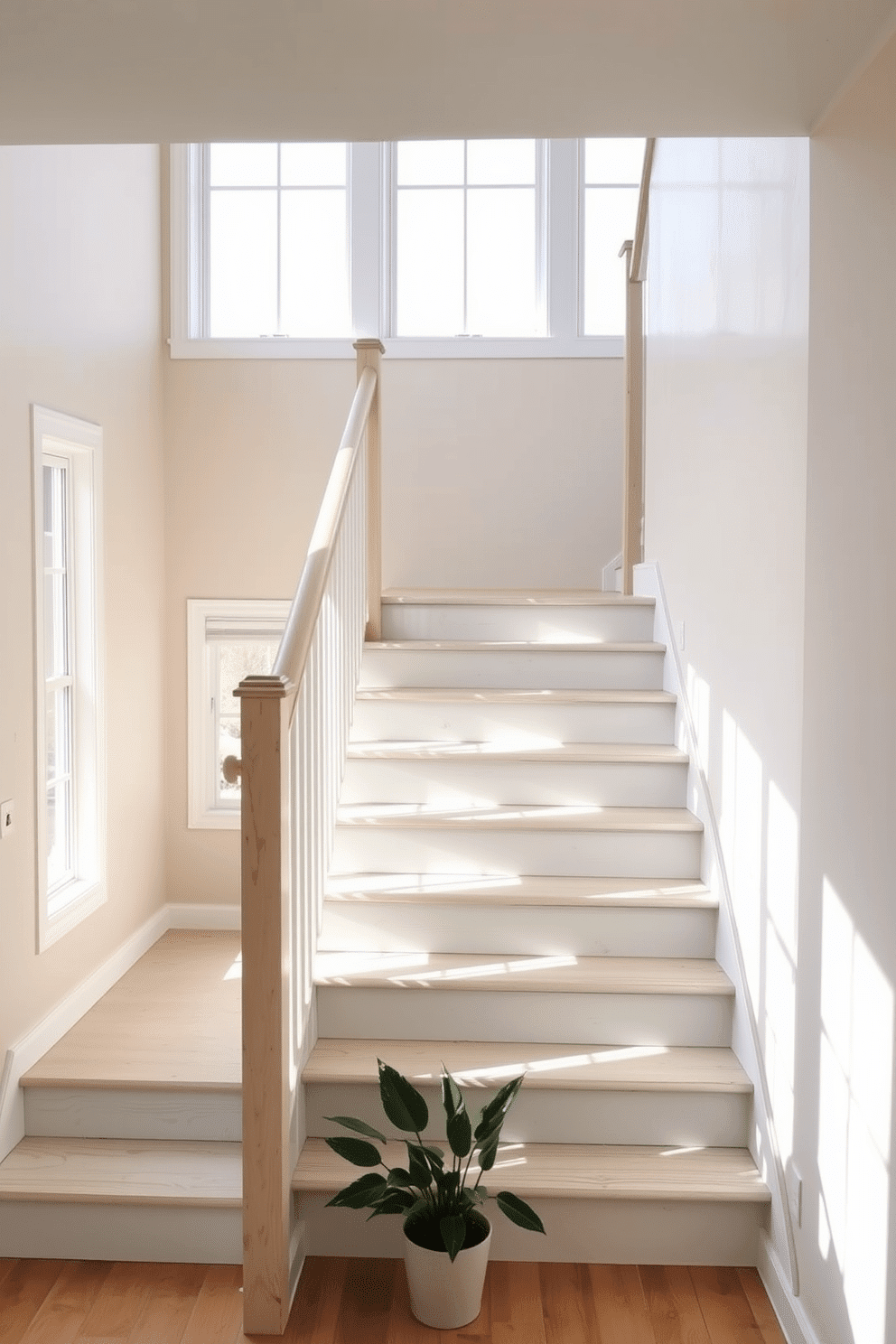 A serene staircase design featuring whitewashed wood steps that evoke a coastal vibe. The walls are adorned with soft, sandy hues, and natural light floods in through large windows, enhancing the airy atmosphere. The railing is crafted from light-colored wood, complementing the stairs while maintaining a minimalist aesthetic. Decorative elements are kept to a minimum, with a single potted plant placed at the base, adding a touch of greenery to the space.