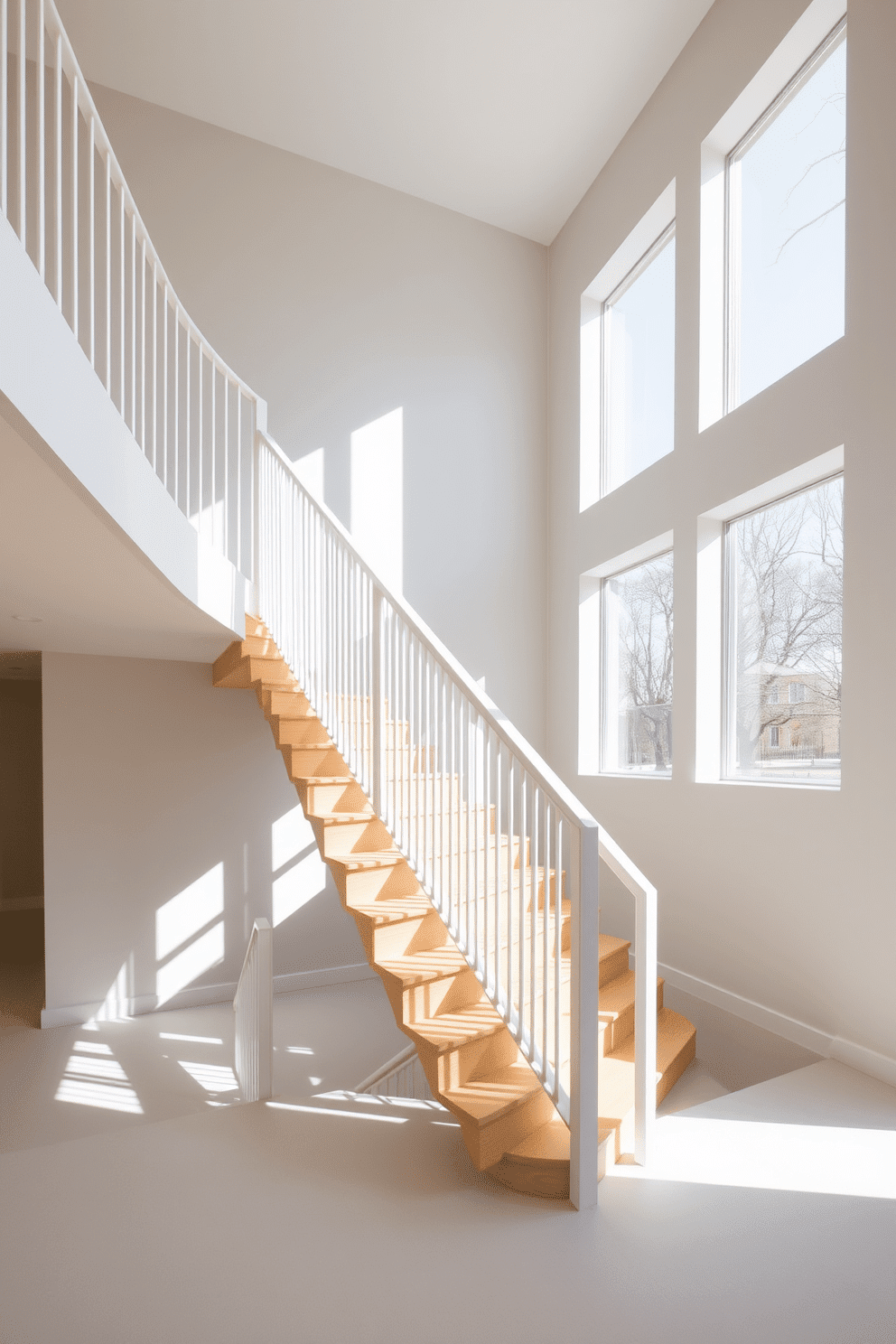 A minimalist staircase design featuring clean, straight lines and an open concept. The staircase is made of light wood with a sleek, white railing that enhances the airy feel of the space. Natural light floods the area through large windows, casting soft shadows on the staircase. The surrounding walls are painted in a soft gray, creating a serene backdrop that emphasizes the simplicity of the design.