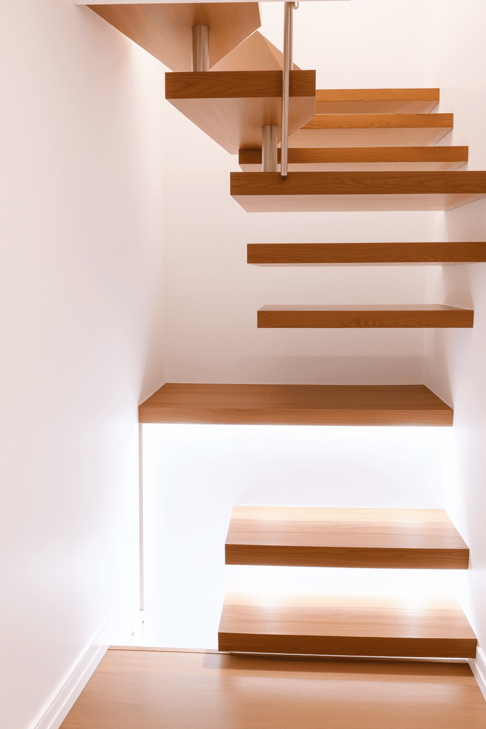 A sleek, minimalist staircase features clean lines and a floating design, with wooden treads that seamlessly blend into the surrounding walls. Beneath the staircase, a hidden storage compartment is cleverly integrated, providing functional space without compromising the aesthetic. The walls are painted in a crisp white, enhancing the airy feel of the space, while soft LED lighting illuminates the steps for safety. The overall design is complemented by a simple handrail made of brushed metal, adding a touch of elegance to the modern look.