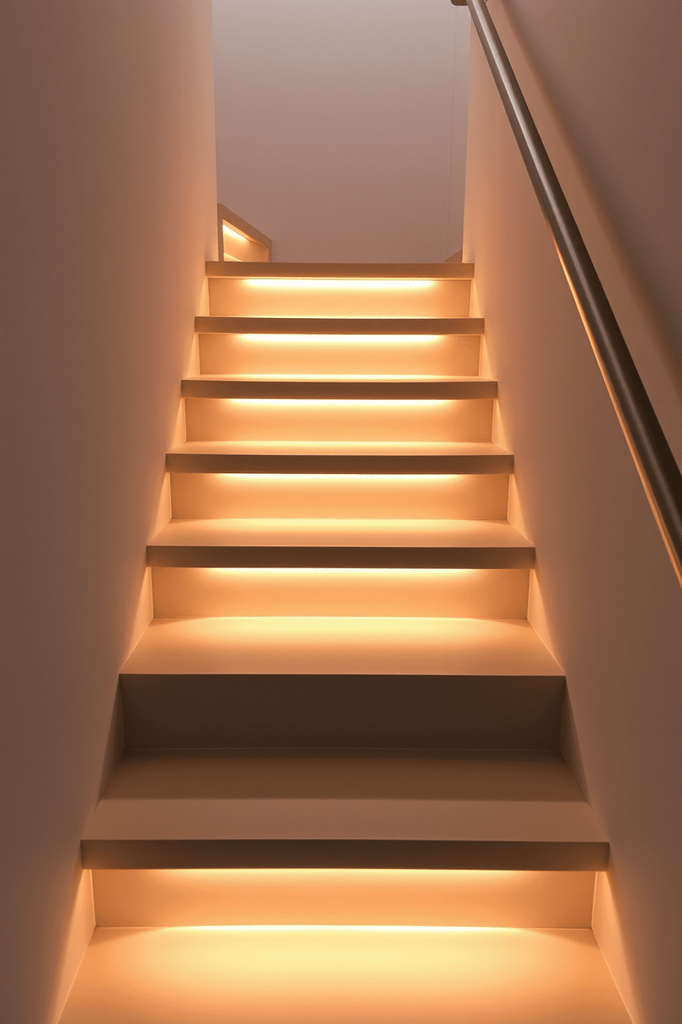 Concrete steps with integrated LED lighting create a sleek and modern aesthetic, seamlessly blending functionality with style. The steps are designed with a smooth finish, and the warm glow of the LED lights enhances the minimalist appeal, guiding the way in an elegant manner. The staircase features a simple yet bold design, with open risers that allow light to filter through. The handrail is crafted from brushed metal, complementing the concrete and adding a touch of sophistication to the overall look.