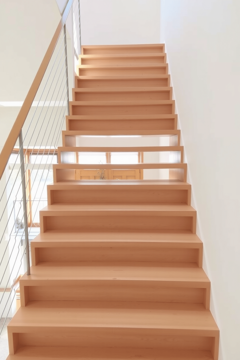 Open riser stairs with a light wood finish create an airy and modern feel in any space. The treads are sleek and unobtrusive, allowing light to flow freely through the staircase. The balustrade features thin metal railings that complement the minimalist aesthetic. This design choice emphasizes clean lines and simplicity, making the staircase a stunning focal point in the interior.