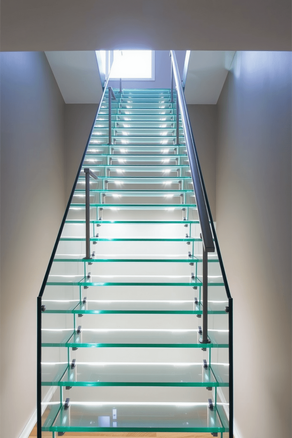 A striking glass staircase with sleek stainless steel supports ascends gracefully, allowing light to filter through the transparent steps. The minimalist design features open risers and a simple handrail, creating an airy and modern aesthetic. The staircase is illuminated by strategically placed recessed lighting, highlighting the clarity of the glass and the shine of the stainless steel. Surrounding the staircase, a neutral color palette enhances the contemporary feel, making it a stunning focal point in the space.