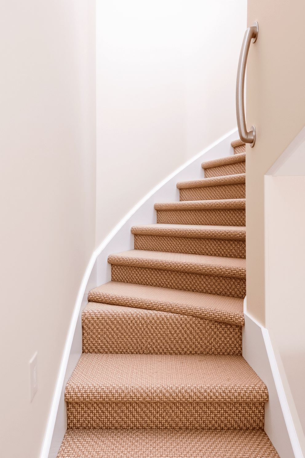 A serene staircase with neutral-toned walls and a textured carpet runner that adds warmth and depth. The handrail is sleek and modern, made of brushed metal, complementing the minimalist aesthetic of the space.