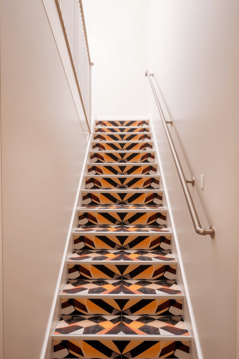 A straight staircase featuring bold geometric patterns that create a striking visual impact. The treads and risers are adorned with contrasting colors, enhancing the modern aesthetic of the space. The handrail is sleek and minimalist, crafted from brushed metal to complement the staircase design. Surrounding the staircase, the walls are painted in a soft neutral tone, allowing the bold patterns to take center stage.