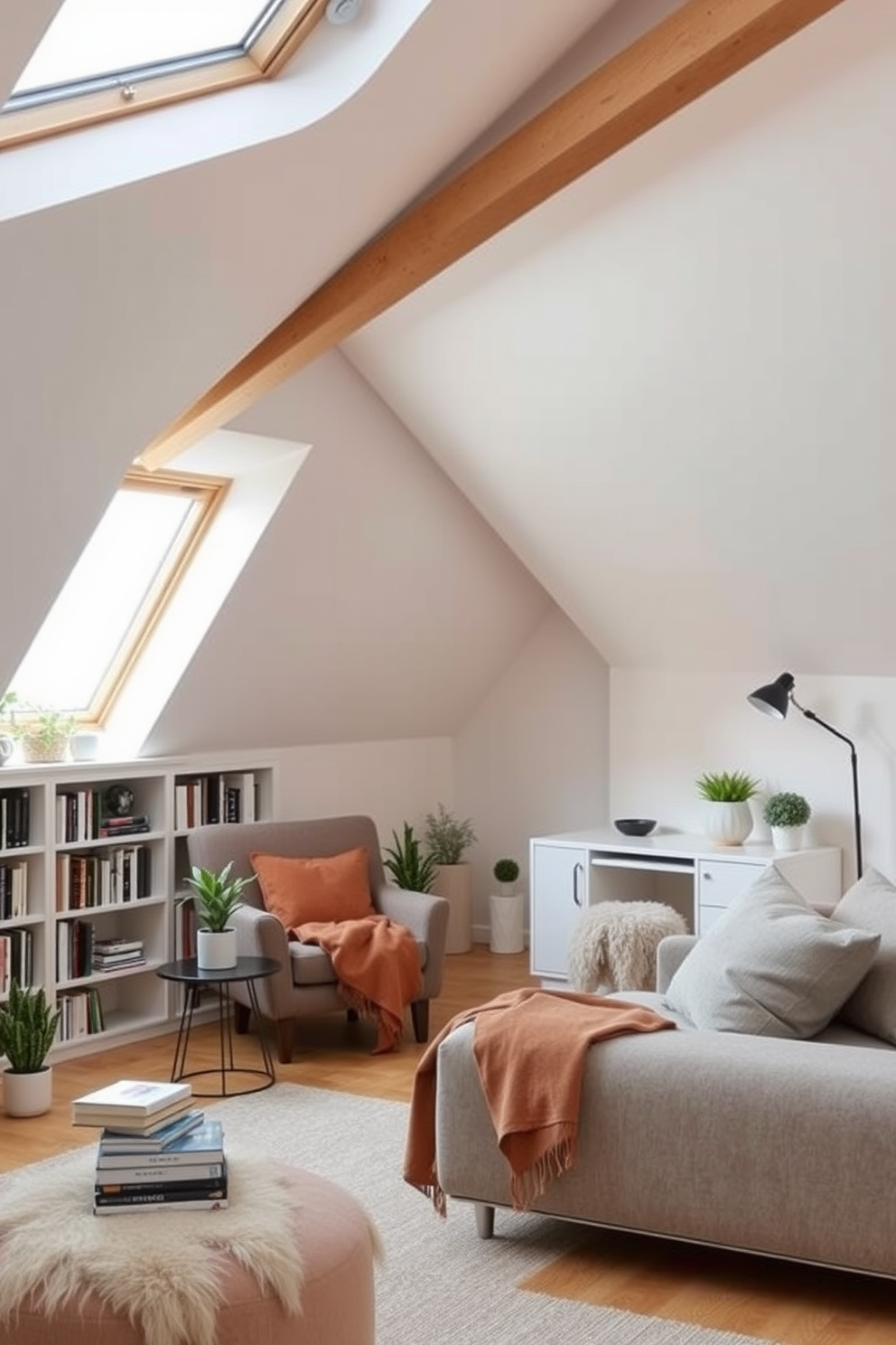 Cozy reading nook with skylights. A plush armchair is positioned beneath a large skylight, allowing natural light to flood the space. Soft, layered textiles in warm tones create an inviting atmosphere, while a small side table holds a stack of books and a steaming cup of tea. Shelves filled with books line the walls, and potted plants add a touch of greenery. Modern attic design ideas. The space features sloped ceilings with exposed wooden beams, creating a sense of openness and character. A minimalist desk with a sleek chair is placed near a window, providing a perfect workspace, while a cozy lounge area with a contemporary sofa invites relaxation. Clean lines and a neutral color palette enhance the modern aesthetic, complemented by strategically placed lighting fixtures.