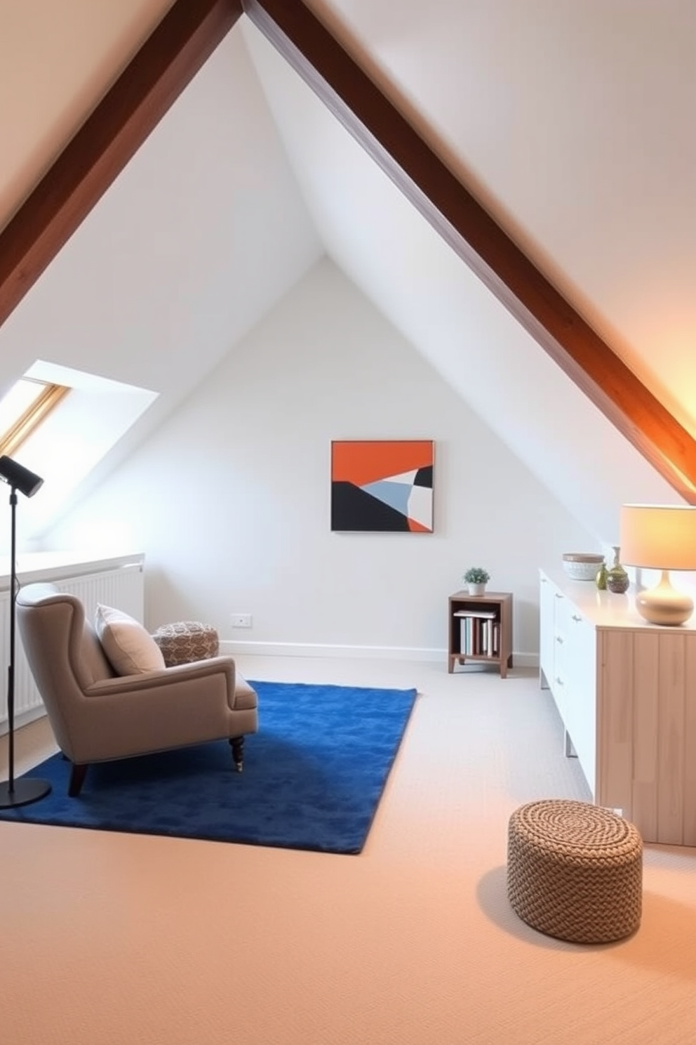 A modern attic space designed with a neutral color palette, featuring soft whites and warm grays. Bold accents such as a vibrant blue area rug and striking artwork add personality to the room. The sloped ceilings are adorned with sleek wooden beams, enhancing the contemporary feel. A cozy reading nook with a plush armchair and a small bookshelf creates an inviting atmosphere.