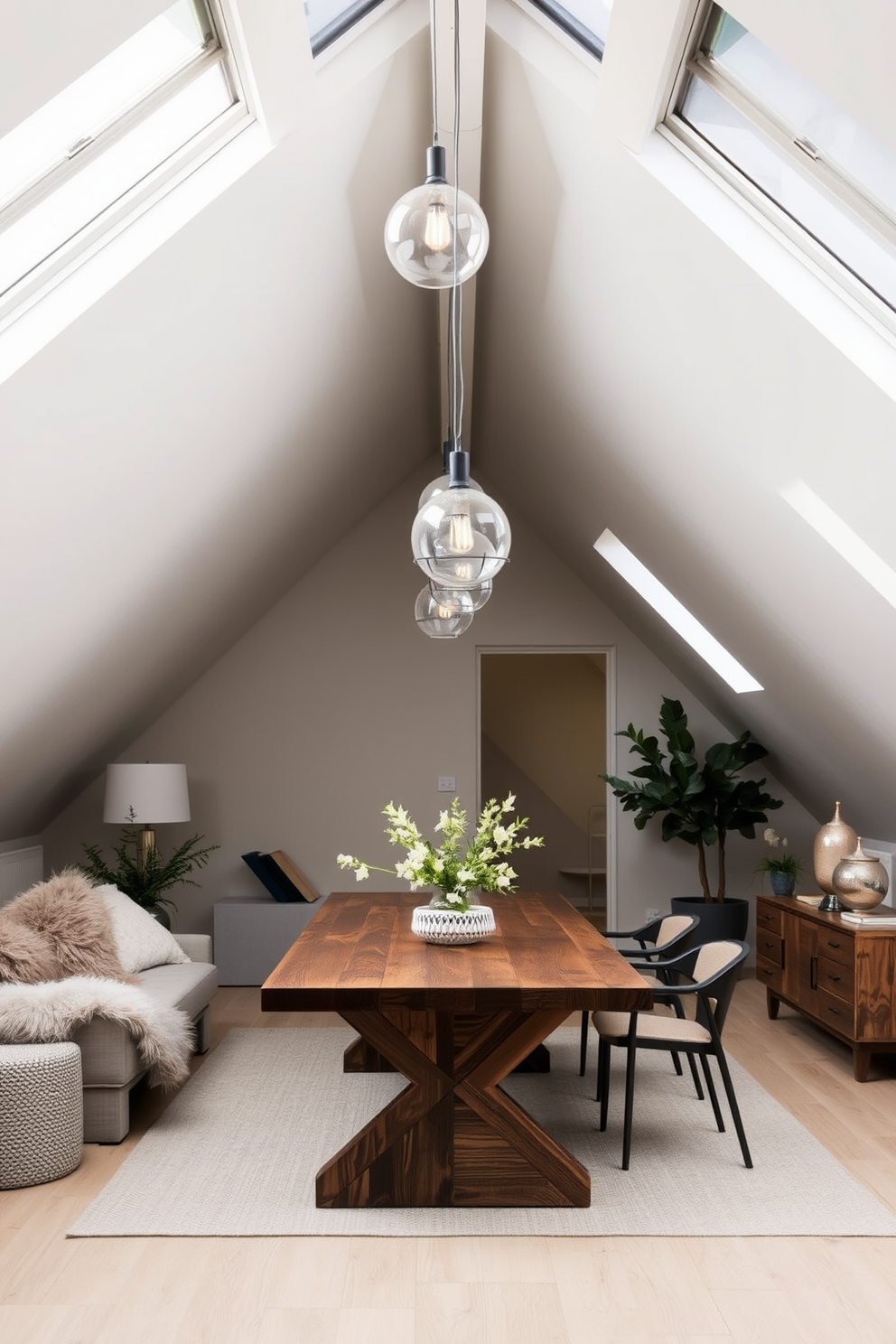 A modern attic design featuring hanging pendant lights that create a dramatic effect. The space is characterized by sloped ceilings and large skylights, allowing natural light to flood in and illuminate the contemporary furnishings. The pendant lights are suspended at varying heights above a sleek dining table made of reclaimed wood. Soft, neutral tones dominate the decor, complemented by plush textiles and strategically placed greenery for a cozy, inviting atmosphere.