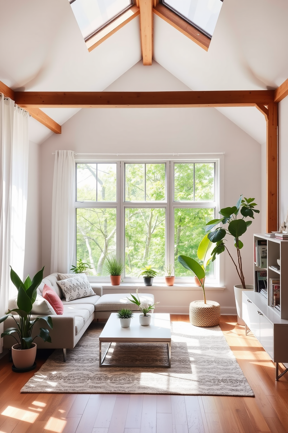 A modern attic space filled with natural light, featuring a cozy seating area with a plush sectional sofa and a sleek coffee table. Large windows framed by sheer white curtains offer a view of the surrounding treetops, while potted plants add a touch of greenery to create a fresh, inviting atmosphere. The walls are painted in a soft, neutral tone, complemented by exposed wooden beams that highlight the room's architectural charm. A stylish area rug anchors the seating arrangement, and a small bookshelf filled with curated decor pieces adds personality to the space.