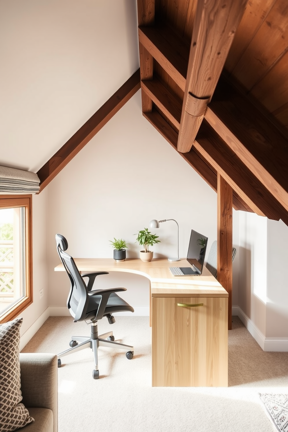 A stylish work-from-home corner featuring a sleek, minimalist desk made of light wood, paired with a comfortable ergonomic chair. Natural light floods the space through a large window, illuminating a small indoor plant placed on the desk alongside a modern lamp. An inviting attic design that combines rustic charm with contemporary elements. Exposed wooden beams contrast beautifully with soft, neutral-colored walls and plush furnishings, creating a cozy yet elegant atmosphere.