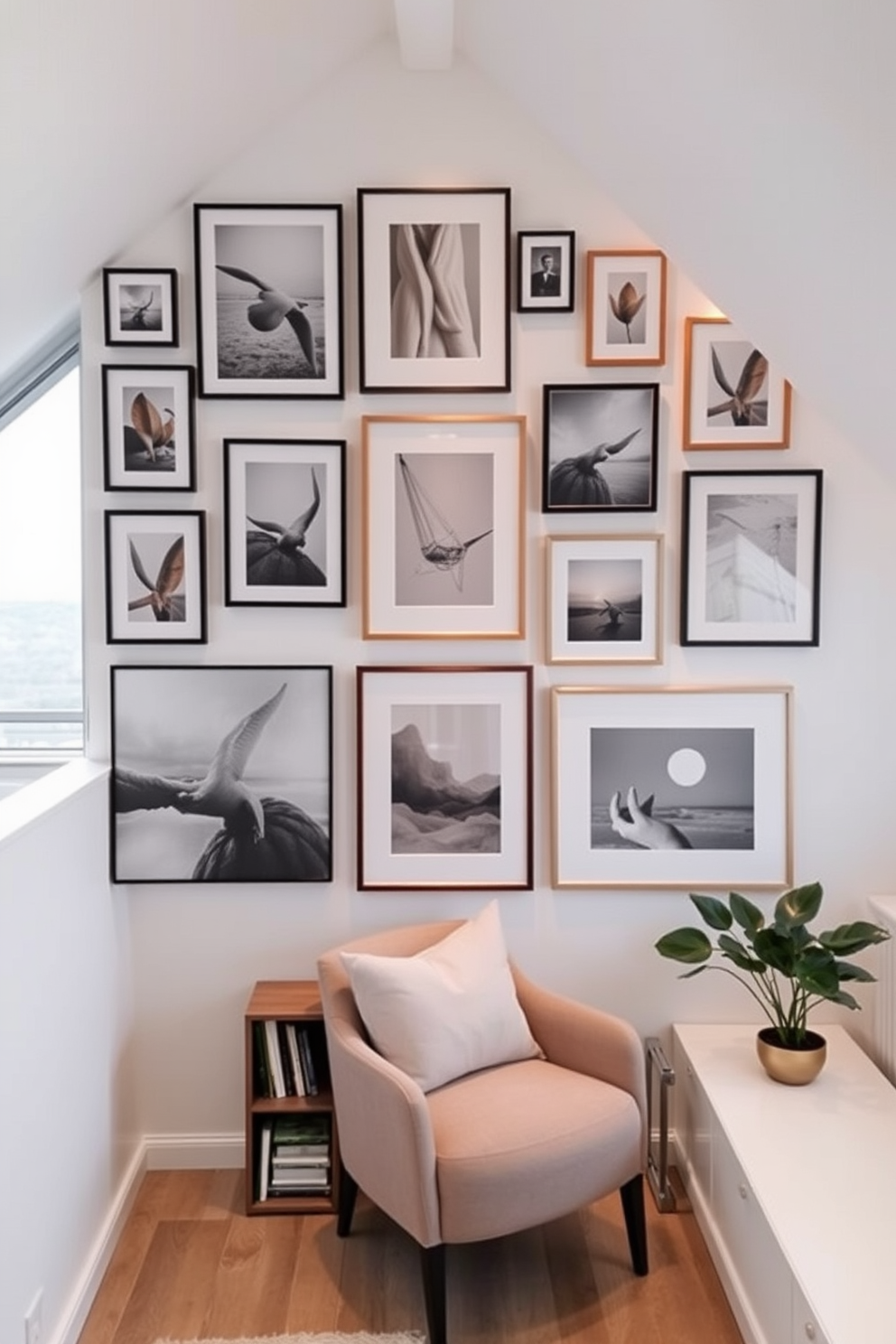 A personalized art gallery wall display featuring a mix of framed photographs and abstract paintings in varying sizes. The wall is painted in a soft white to enhance the artwork, with warm LED spotlights highlighting each piece. Modern attic design ideas that incorporate sleek furniture and large windows for natural light. The space features a cozy reading nook with a plush armchair and a small bookshelf, complemented by minimalist decor and a neutral color palette.