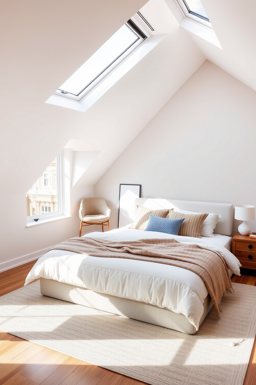 Luxurious bedding in a minimalist bedroom. The bed features a plush king-sized mattress topped with a soft, white duvet and an array of textured pillows in muted tones. The room has large windows that allow natural light to flood in, creating a serene atmosphere. A simple wooden nightstand holds a sleek lamp and a small potted plant, enhancing the minimalist aesthetic. Modern Attic Design Ideas. The space is transformed with sloped ceilings painted in a soft white, creating an airy feel. A cozy reading nook is created by placing a stylish armchair and a small bookshelf under the eaves, while a large skylight adds brightness and a view of the sky.