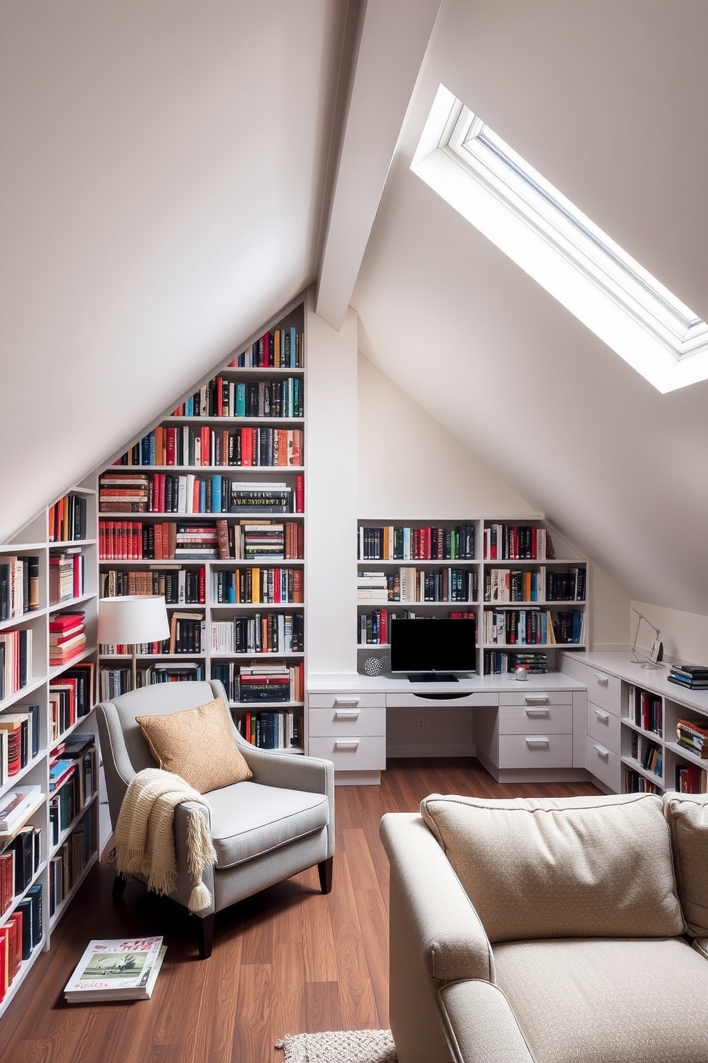 A cozy reading nook with floor-to-ceiling bookshelves lined with an extensive collection of books, showcasing a mix of classic literature and contemporary novels. A comfortable armchair upholstered in soft fabric is positioned nearby, complemented by a warm throw blanket and a stylish reading lamp. An inviting modern attic space featuring sloped ceilings adorned with skylights that flood the room with natural light. The design includes minimalist furniture, a sleek desk for work, and a plush sofa that creates a perfect blend of functionality and relaxation.