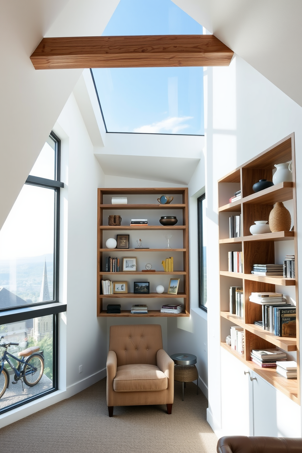 A modern attic design featuring open shelving that elegantly displays an array of decor items. The shelves are crafted from reclaimed wood, adding warmth to the space, while the walls are painted in a soft white to enhance the natural light. Beneath the sloped ceiling, a cozy reading nook is created with a plush armchair and a small side table. Large windows provide stunning views and allow sunlight to filter through, illuminating the carefully curated decor on the shelves.