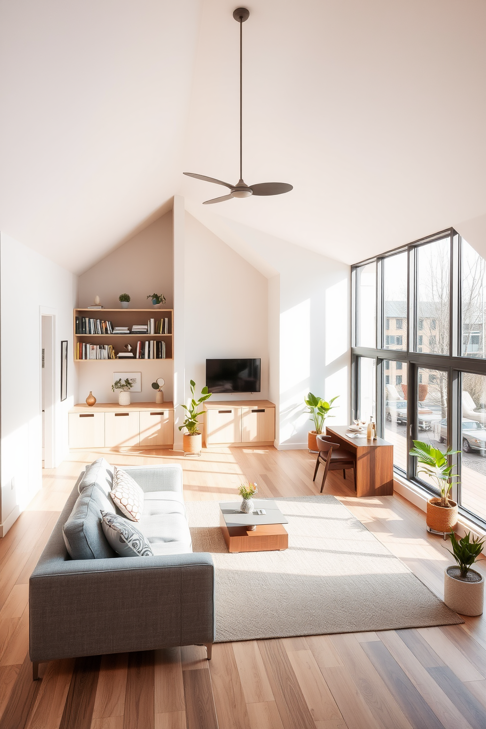 Open-concept living space with minimal decor, featuring large windows that flood the area with natural light. The furnishings include a sleek, low-profile sofa in a soft gray, paired with a minimalist coffee table and a few strategically placed plants for a touch of greenery. Modern attic design ideas that emphasize clean lines and functional spaces. The design incorporates a cozy reading nook with built-in shelves, a stylish desk under the eaves, and a warm color palette that enhances the inviting atmosphere.