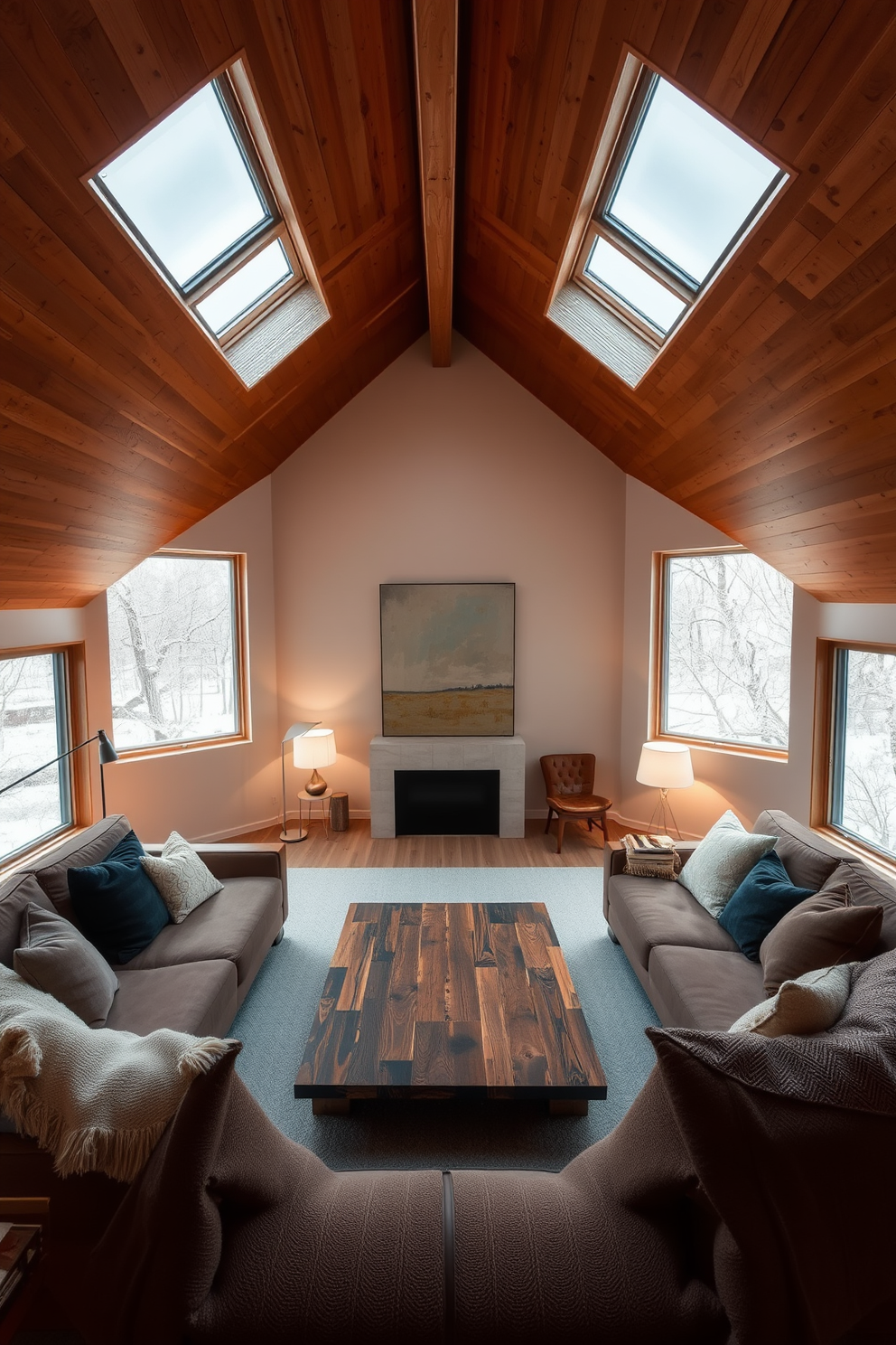 A cozy seating area features oversized cushions in various textures and colors, inviting relaxation and comfort. A low coffee table made of reclaimed wood sits at the center, surrounded by soft, ambient lighting from stylish floor lamps. The modern attic design incorporates sleek lines and minimalist furniture to create an open and airy feel. Large skylights flood the space with natural light, highlighting the warm wooden beams and a neutral color palette.