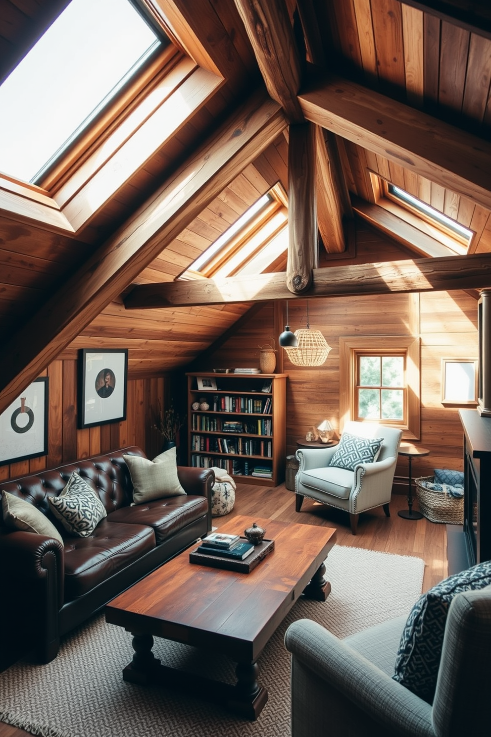 A cozy attic retreat featuring exposed rustic wood beams and accents that enhance the warmth of the space. The design includes a plush seating area with a vintage leather sofa, complemented by a reclaimed wood coffee table and soft, inviting textiles. Natural light floods the room through large skylights, illuminating the rich textures of the wooden walls and ceiling. A small reading nook with a comfortable armchair and a bookshelf filled with curated books creates an inviting atmosphere for relaxation.