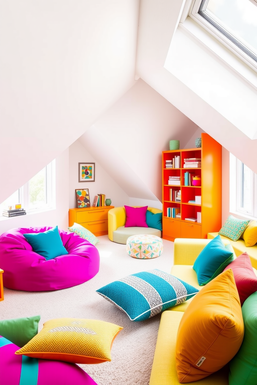 A modern attic space filled with bright accent colors that infuse playful energy. The walls are painted in a soft white, while vibrant yellow and teal furnishings create a lively contrast. A cozy reading nook features a plush, oversized bean bag in a bold magenta, paired with a sleek, minimalistic bookshelf painted in bright orange. Large windows allow natural light to flood the space, highlighting the cheerful decor and colorful throw pillows scattered throughout.