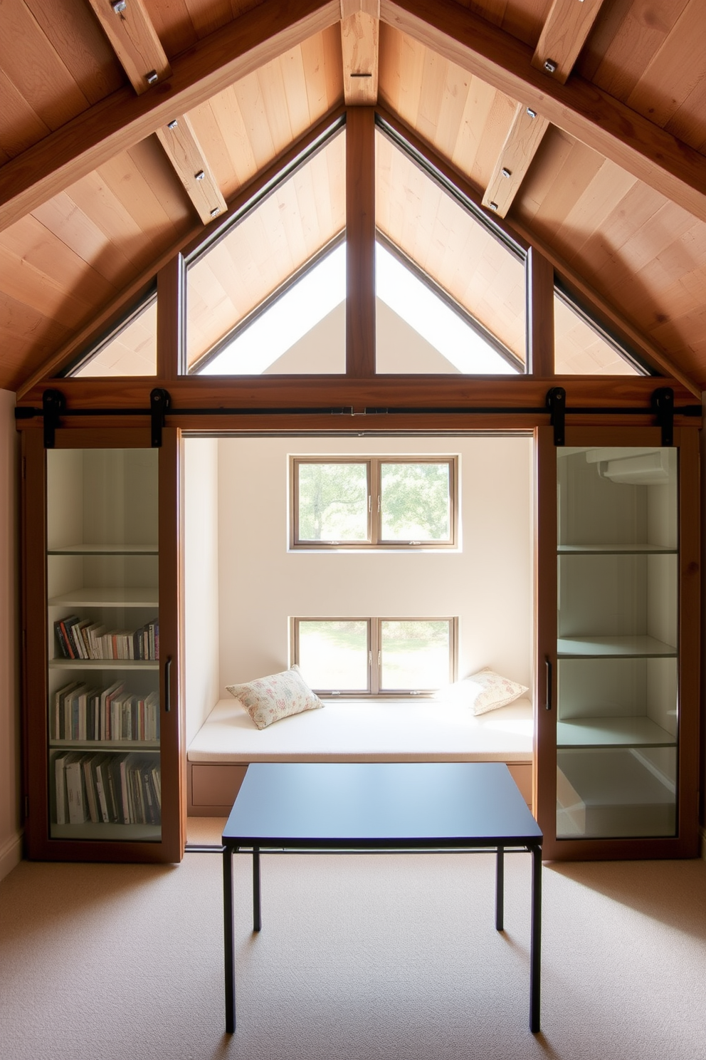 A modern attic space featuring sliding doors that open to reveal a multifunctional area. The design includes a cozy reading nook with built-in shelving, surrounded by natural light pouring in from large windows. The walls are adorned with soft, neutral tones, while the ceiling showcases exposed wooden beams for a rustic touch. A sleek, minimalist desk is positioned near the sliding doors, providing a perfect workspace within this flexible room.