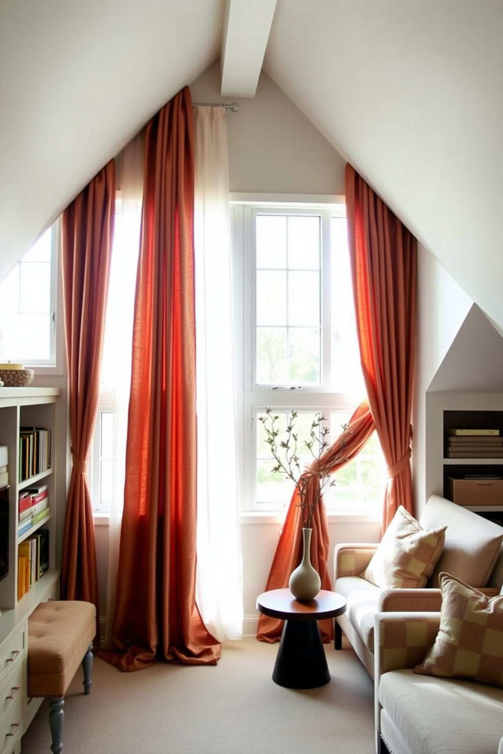 Chic window treatments that elegantly combine style and privacy. Imagine sheer drapes layered with rich, textured curtains, allowing soft natural light to filter through while providing a cozy atmosphere. Modern attic design ideas that maximize space and functionality. Picture a bright, airy room with sloped ceilings, featuring built-in shelving, a plush seating area, and large windows that invite the outdoors in.