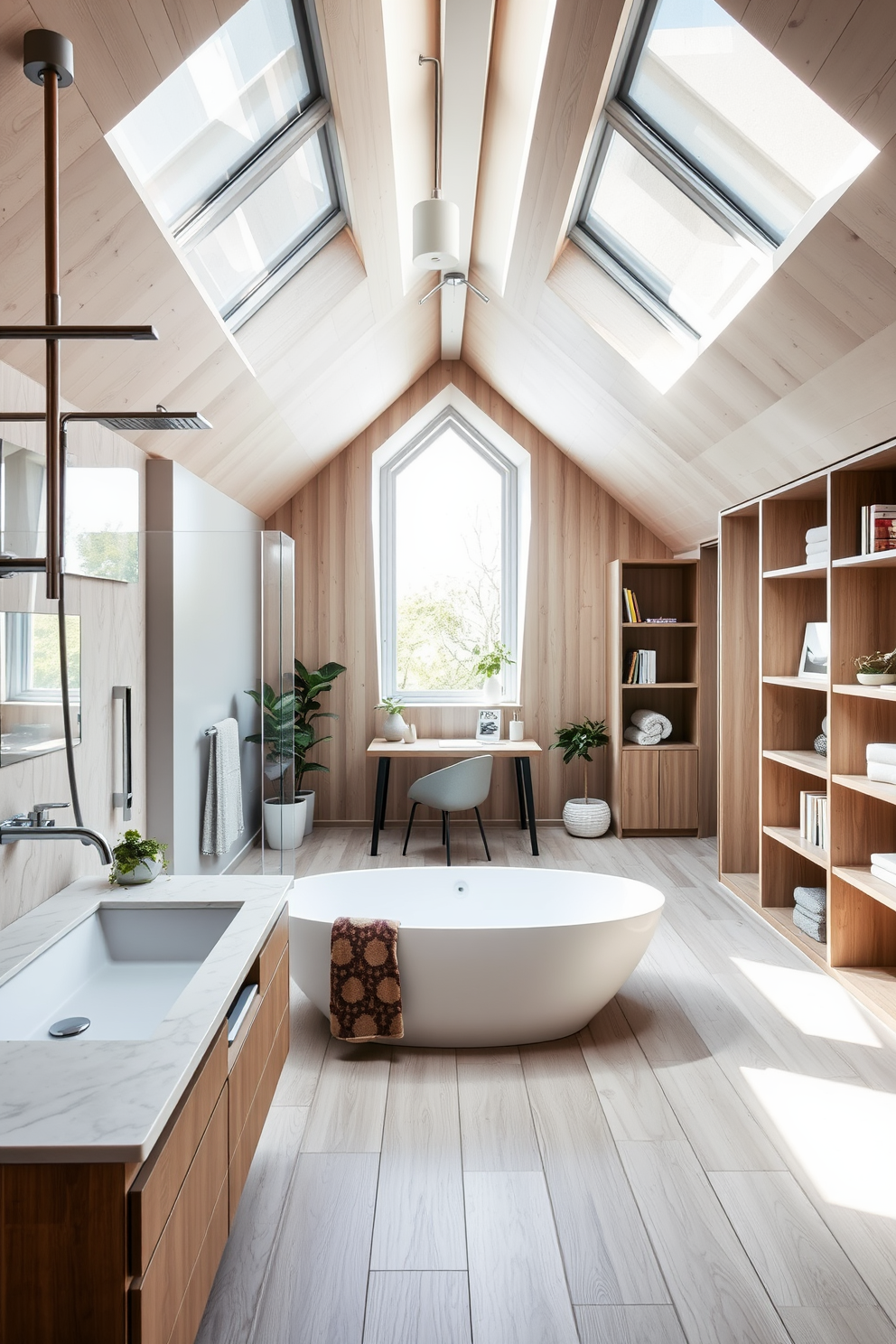 Spa-like bathroom with modern fixtures. The space features a freestanding soaking tub surrounded by large windows, allowing natural light to flood in. Sleek, wall-mounted faucets and a rain showerhead complement the minimalist design, while a floating vanity with a quartz countertop adds elegance. Soft, neutral tones create a calming atmosphere, enhanced by greenery and plush towels. Modern attic design ideas. The attic is transformed into a cozy workspace with a sloped ceiling and skylights that invite sunlight. A stylish desk is positioned under the window, paired with a comfortable chair, while built-in shelves display books and decorative items. The use of light wood and a muted color palette creates a warm, inviting environment perfect for creativity.