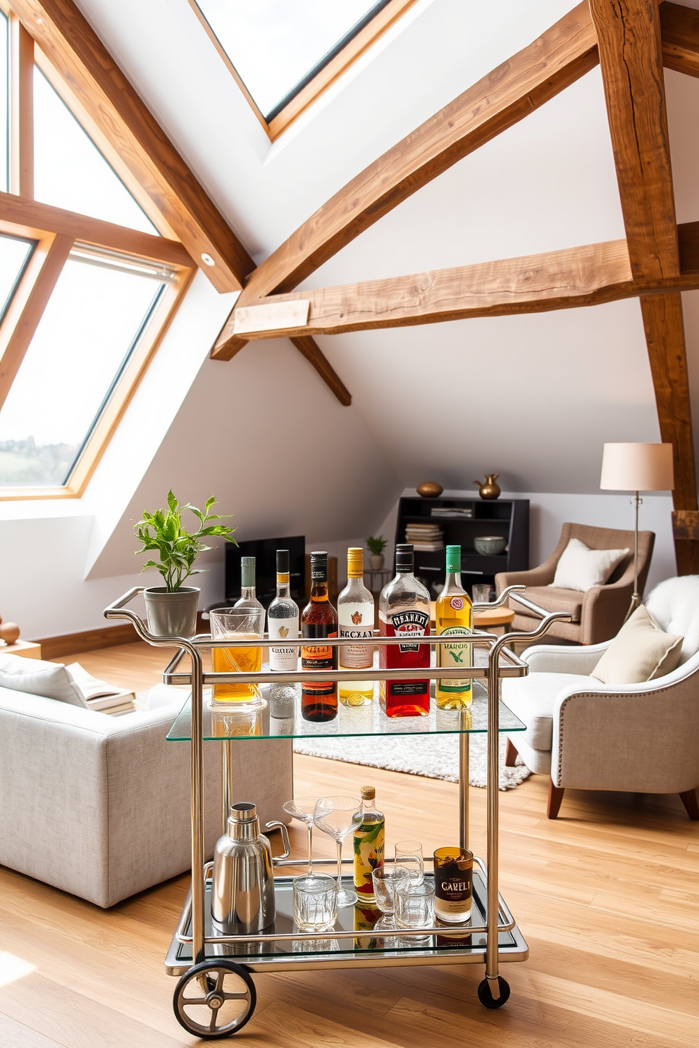 A stylish bar cart for entertaining guests features a sleek, metallic frame with glass shelves that showcase an array of colorful spirits and elegant glassware. The cart is adorned with a small potted plant and a chic cocktail shaker, set against a backdrop of a tastefully decorated living space. Modern attic design ideas incorporate open beams and large skylights that flood the space with natural light, creating an airy atmosphere. The design includes a cozy reading nook with a plush armchair and a small bookshelf, blending contemporary furnishings with rustic charm.