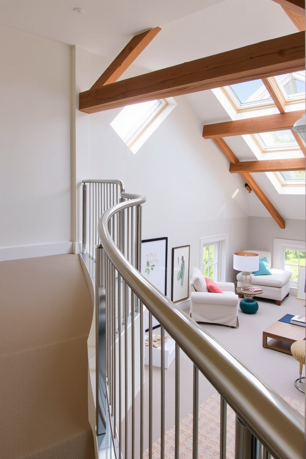 A sleek metal railing elegantly curves along the staircase, featuring a minimalist design that complements the surrounding decor. The railing's polished finish reflects light, enhancing the modern aesthetic of the space. The attic is transformed into a stylish retreat with exposed wooden beams and large skylights that flood the room with natural light. Soft, neutral furnishings create a cozy atmosphere, while pops of color in the decor add a playful touch to the contemporary design.