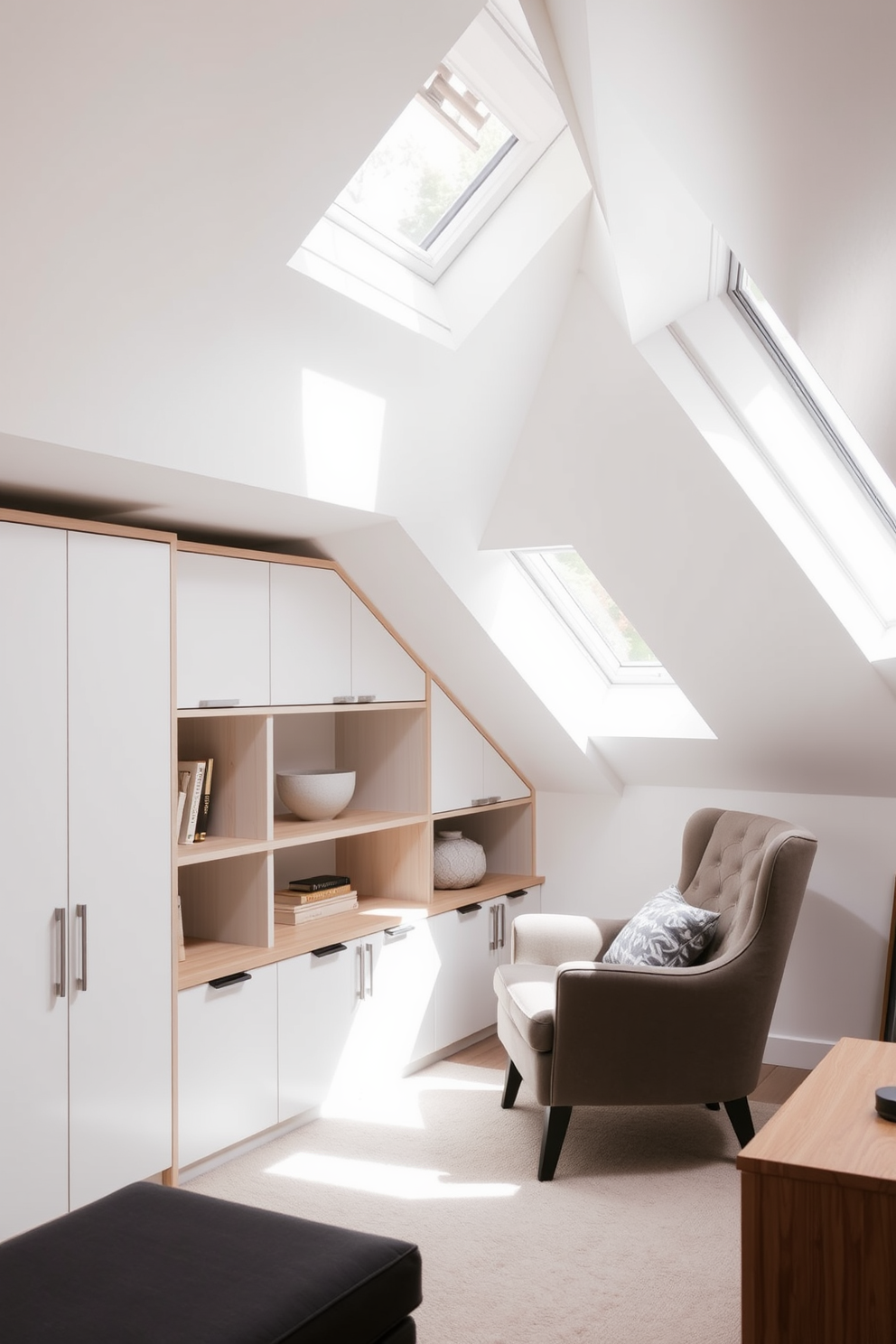 A modern attic space features integrated storage solutions cleverly designed under the eaves, maximizing functionality without compromising style. The walls are painted in a soft white, and the built-in cabinetry seamlessly blends with the sloped ceiling, creating a harmonious look. Natural light floods the room through skylights, illuminating a cozy reading nook with a plush armchair and a small side table. Accents of warm wood tones and soft textiles add comfort and warmth to the contemporary design.