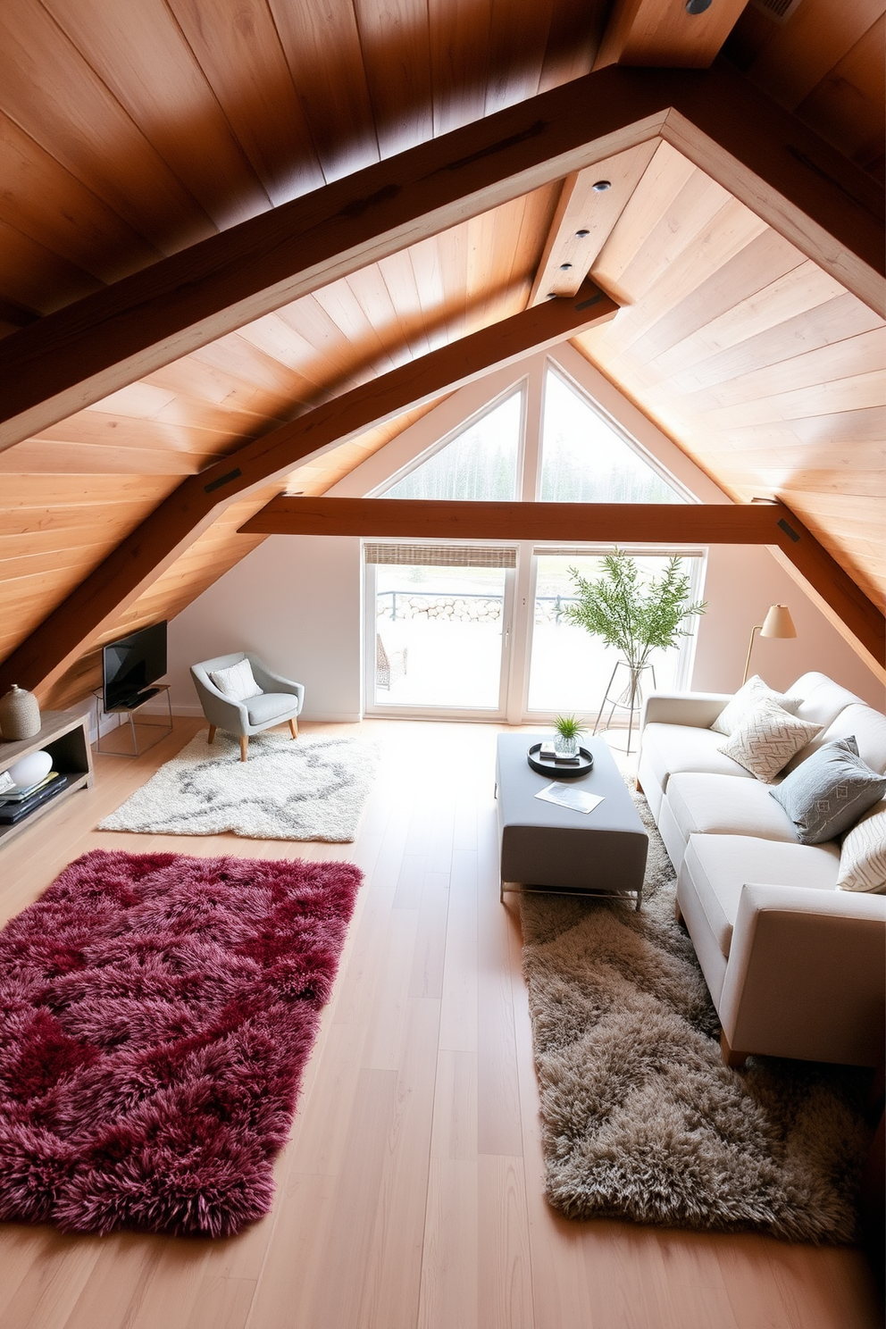 A cozy attic space featuring soft area rugs that add warmth and comfort to the room. The rugs are layered over a light hardwood floor, creating an inviting atmosphere. The design incorporates sloped ceilings with exposed wooden beams, enhancing the modern aesthetic. Large windows allow plenty of natural light to flood the space, highlighting contemporary furniture pieces and decor.