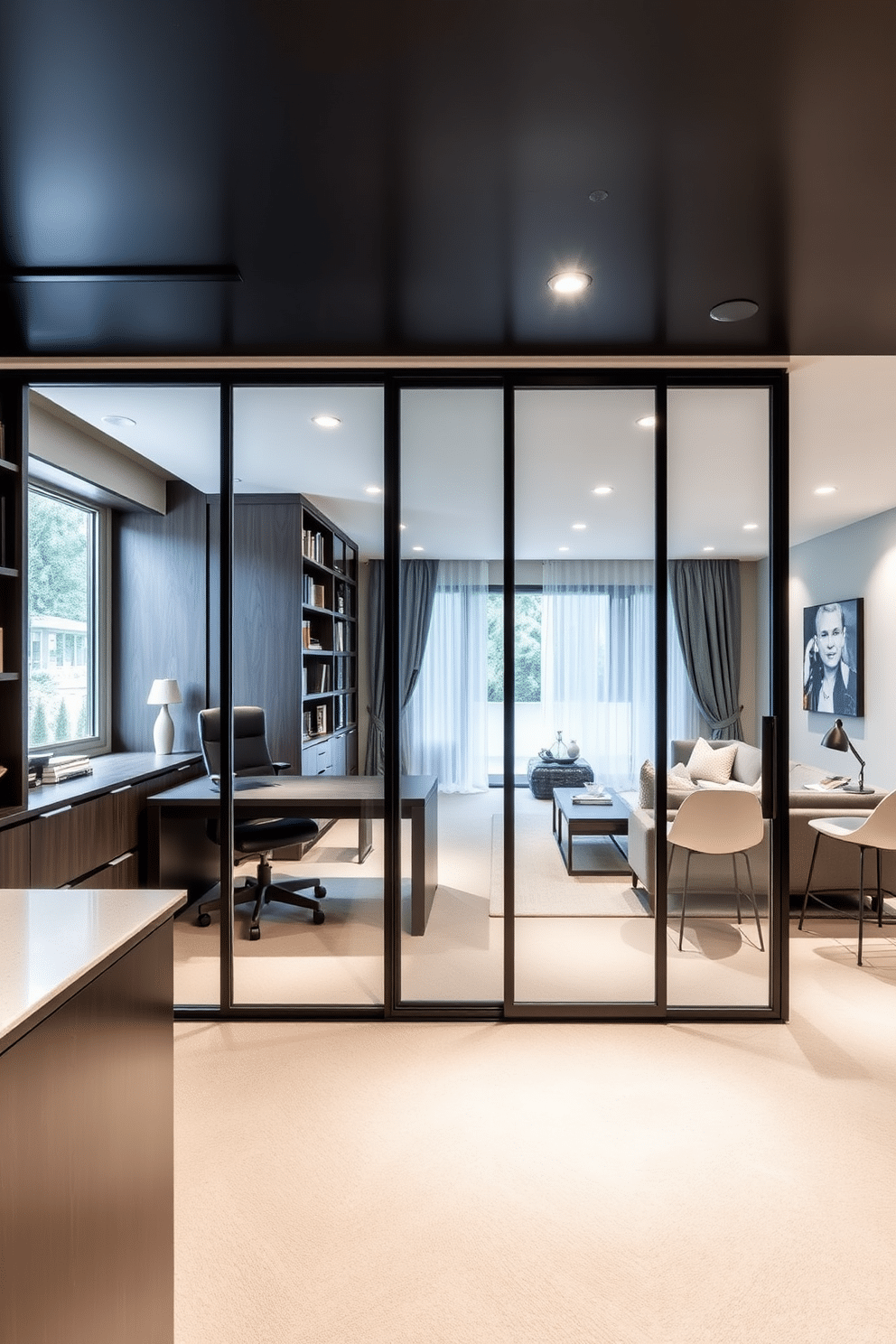 A sleek home office with glass partitions features a minimalist desk made of dark wood and a comfortable ergonomic chair. The walls are lined with built-in shelves filled with books and decorative items, while a large window allows natural light to flood the space. The modern basement design incorporates an open layout with a cozy seating area that includes a sectional sofa and a stylish coffee table. Soft recessed lighting highlights the sleek finishes, and a wet bar with contemporary stools enhances the entertainment potential of the space.