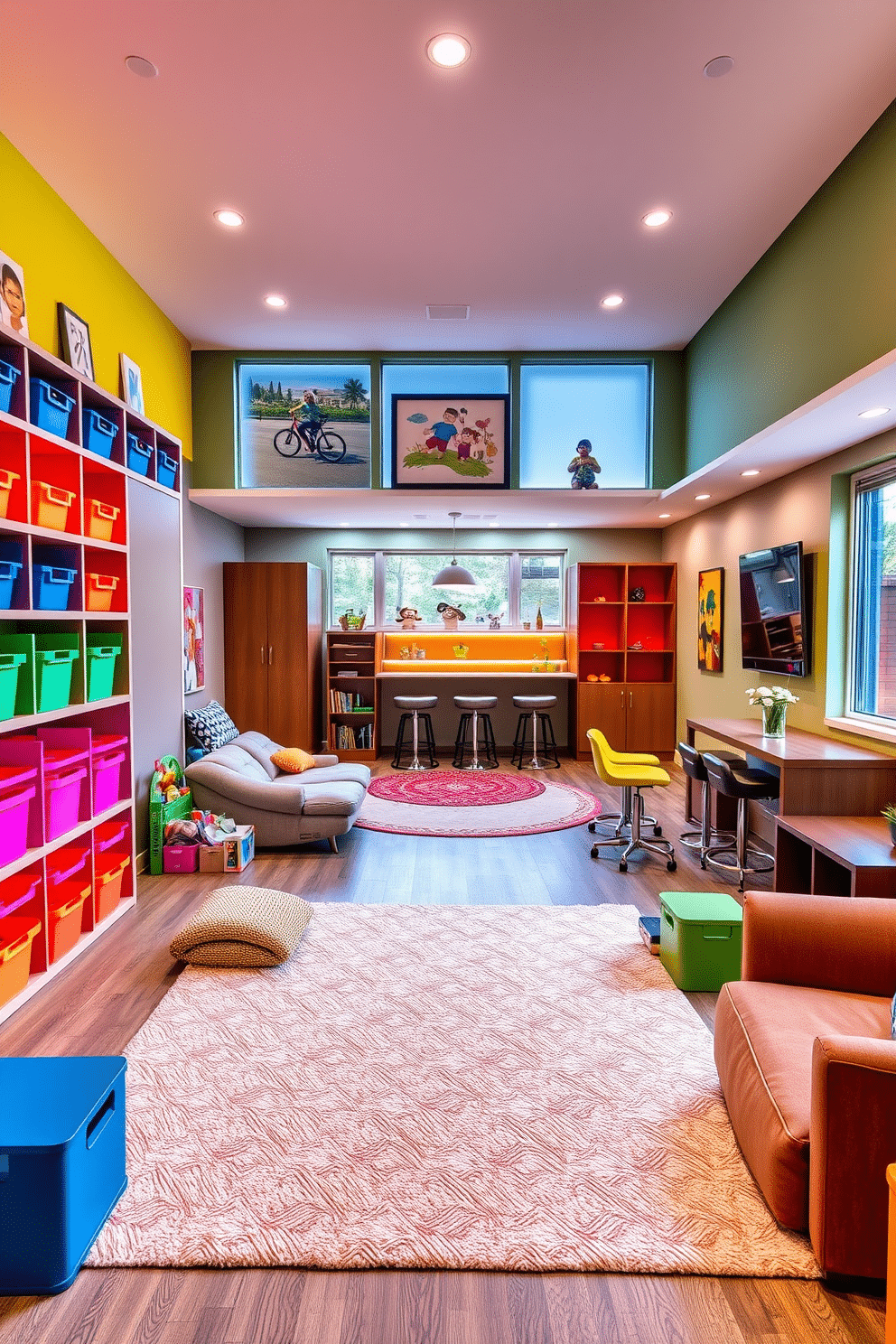 A vibrant playroom filled with colorful storage solutions, featuring bright bins and shelves that encourage organization and creativity. The walls are painted in cheerful hues, adorned with playful artwork, and a soft area rug provides a cozy space for children to play. A modern basement design that blends functionality with style, showcasing an open layout with sleek furniture and ambient lighting. The space includes a comfortable lounge area, a small bar with contemporary stools, and large windows that bring in natural light, enhancing the overall atmosphere.