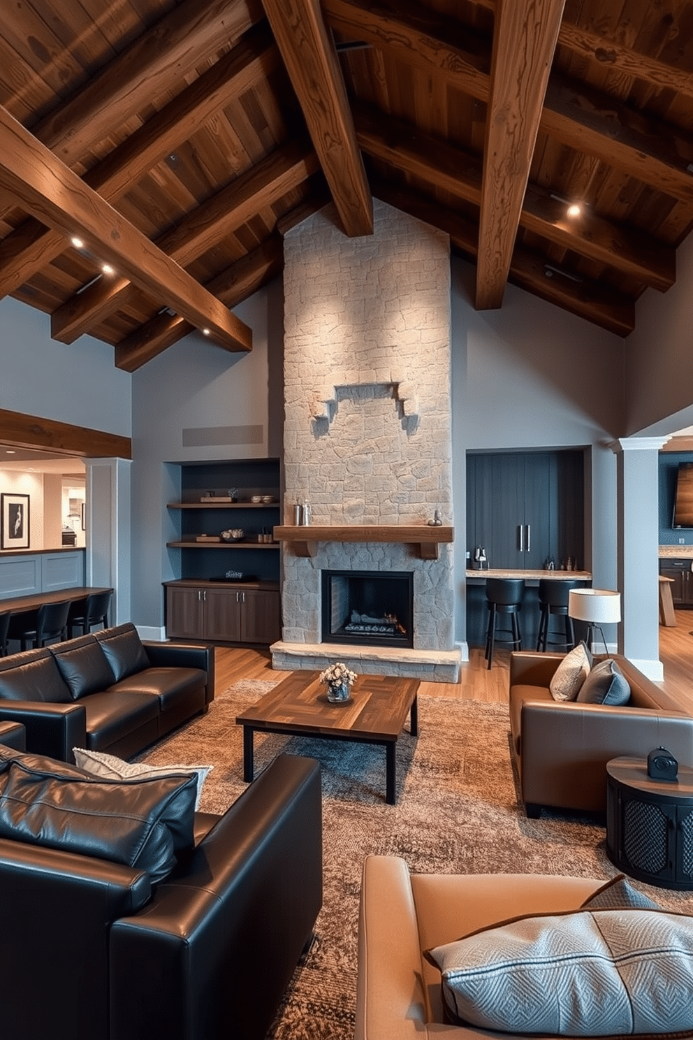 A cozy living room featuring rustic farmhouse finishes, with exposed wooden beams and a large stone fireplace as the focal point. The space is adorned with modern furniture, including a sleek leather sofa and a reclaimed wood coffee table, creating a warm yet contemporary atmosphere. A stylish modern basement designed for entertainment, showcasing an open layout with a home theater area and a wet bar. The walls are painted in a soft gray, complemented by plush seating and ambient lighting that enhances the inviting and functional space.